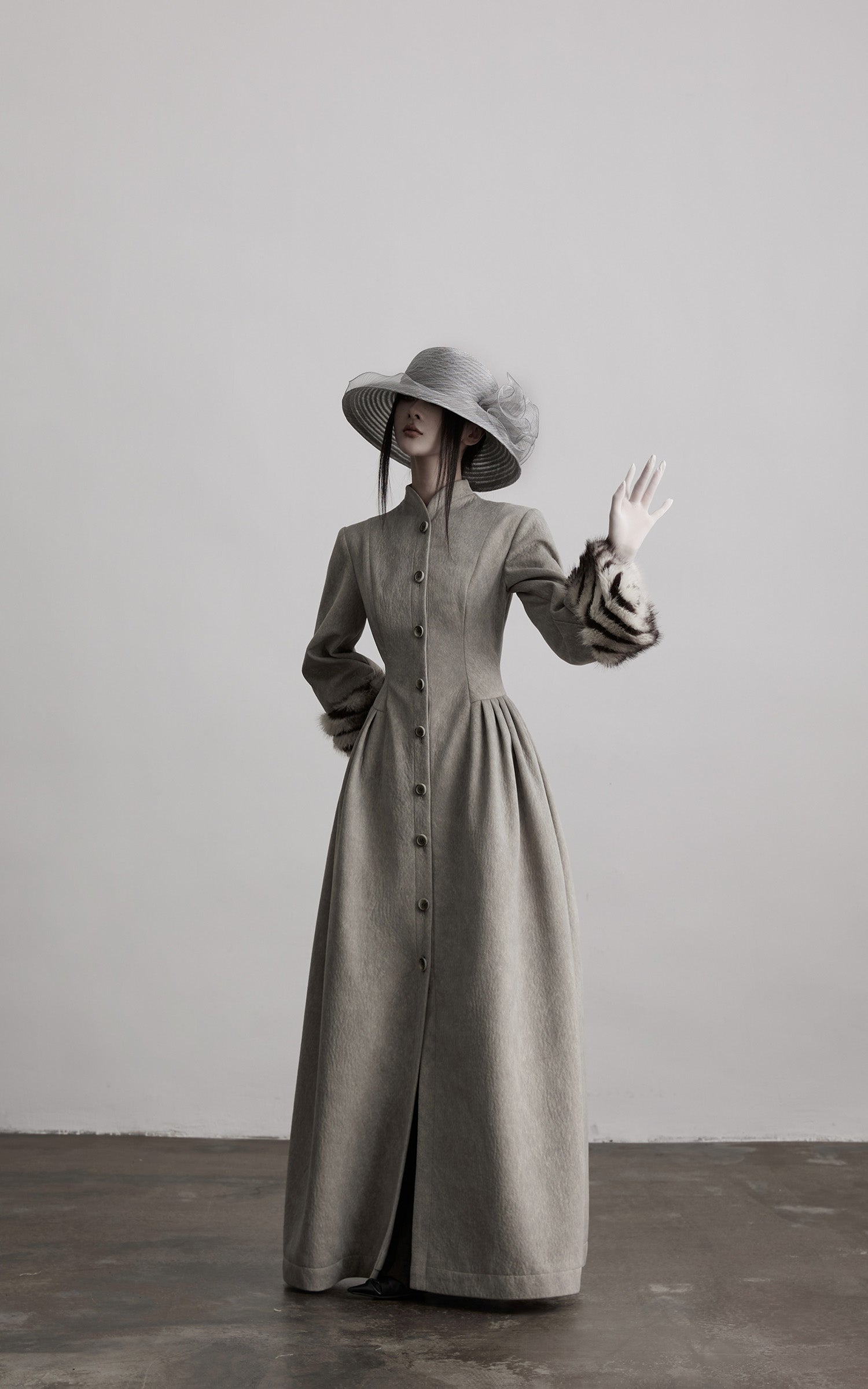 INDULGE Sculptural Long Coat with Faux-Fur Cuffs