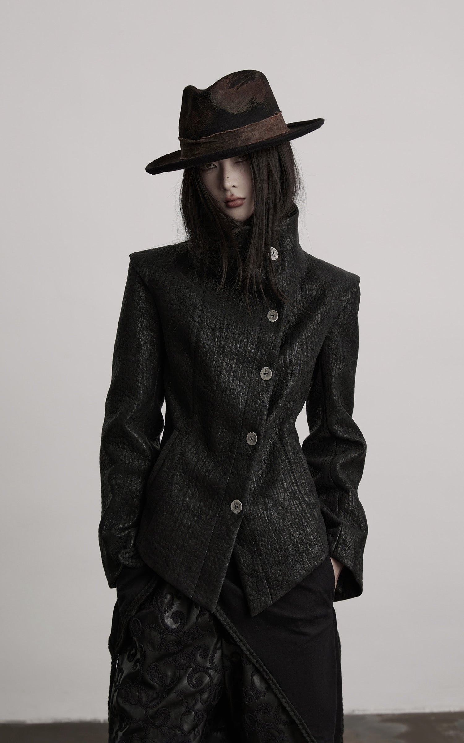 INDULGE Textured Asymmetric Collar Jacket with Sculpted Silhouette