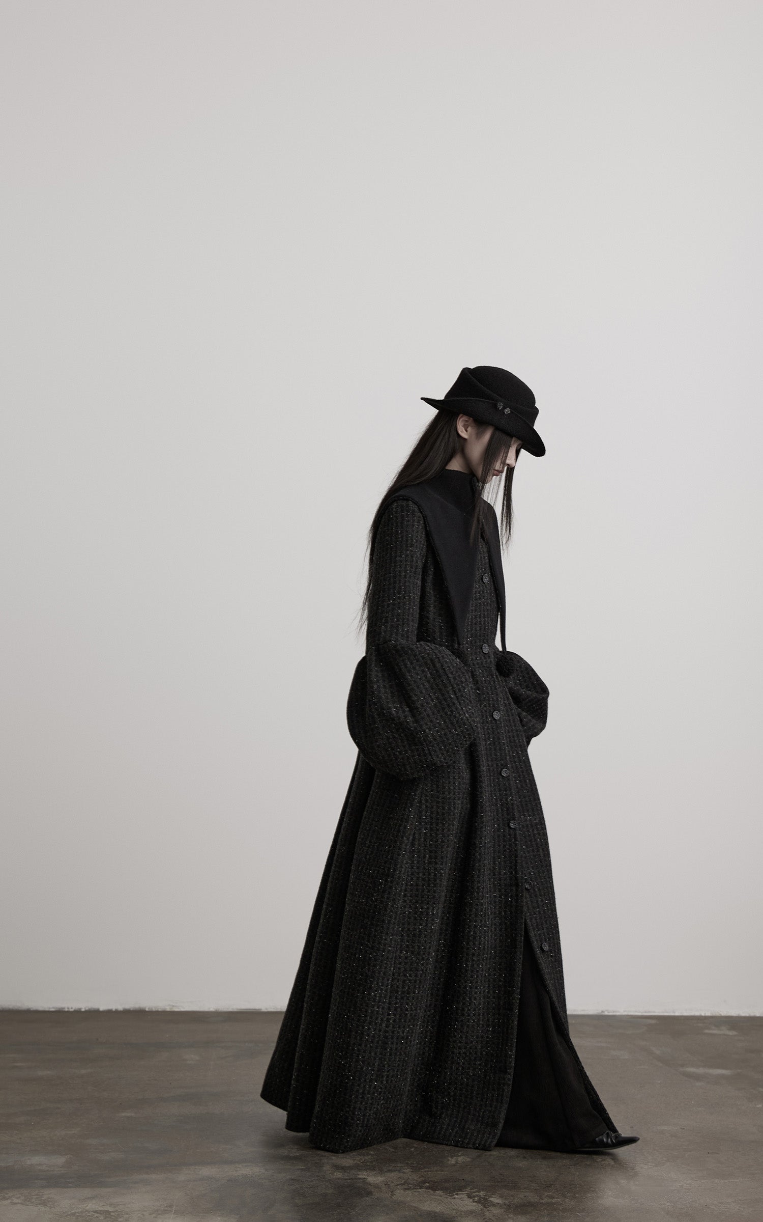 INDULGE Deconstructed High-Neck Balloon Sleeve Long Coat