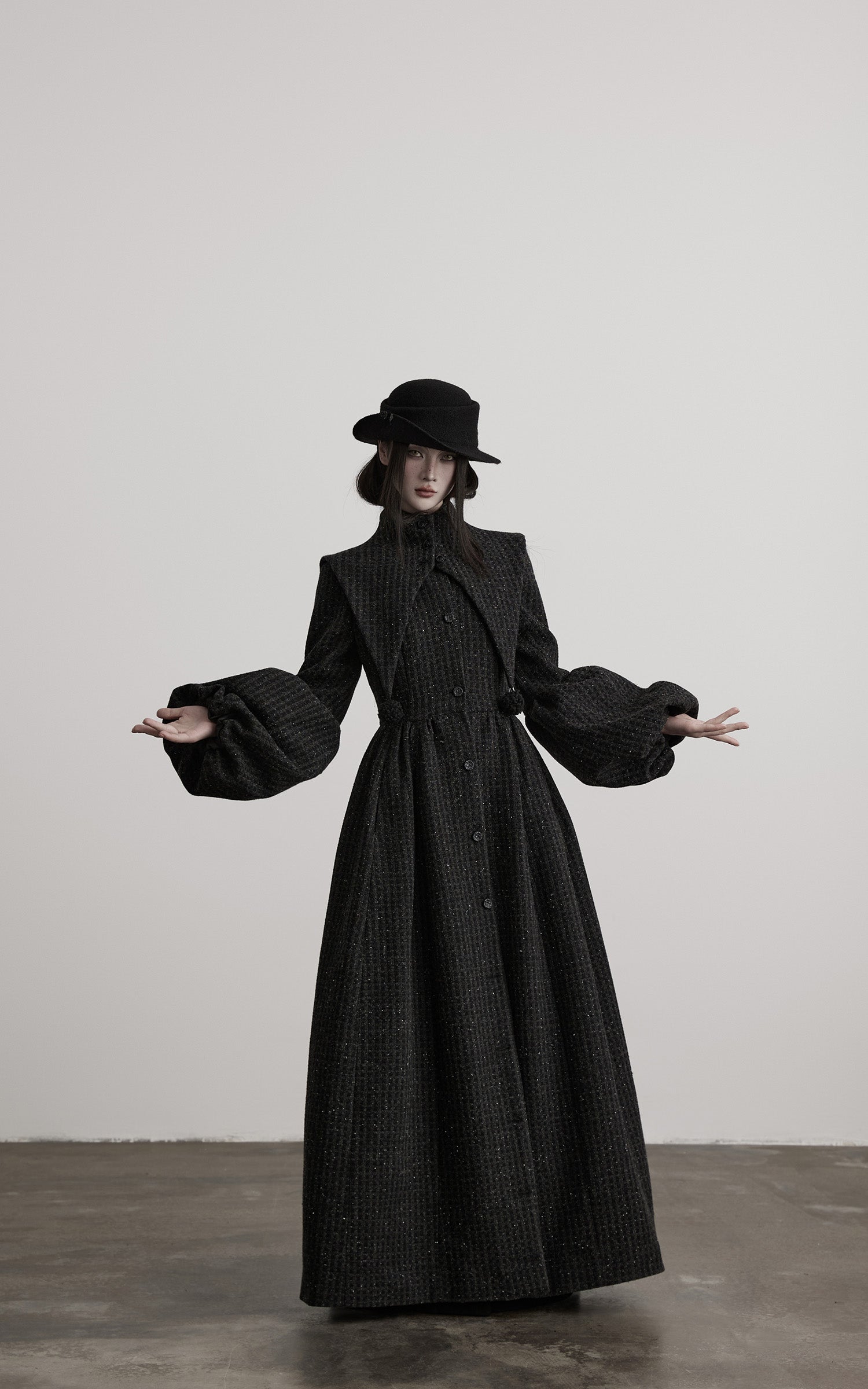 INDULGE Deconstructed High-Neck Balloon Sleeve Long Coat