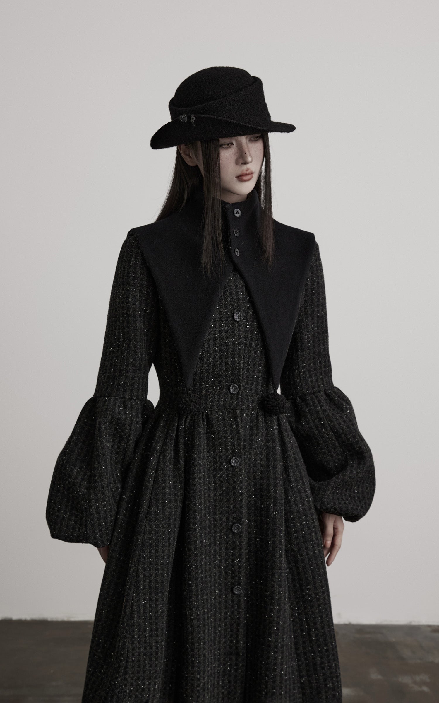 INDULGE Deconstructed High-Neck Balloon Sleeve Long Coat