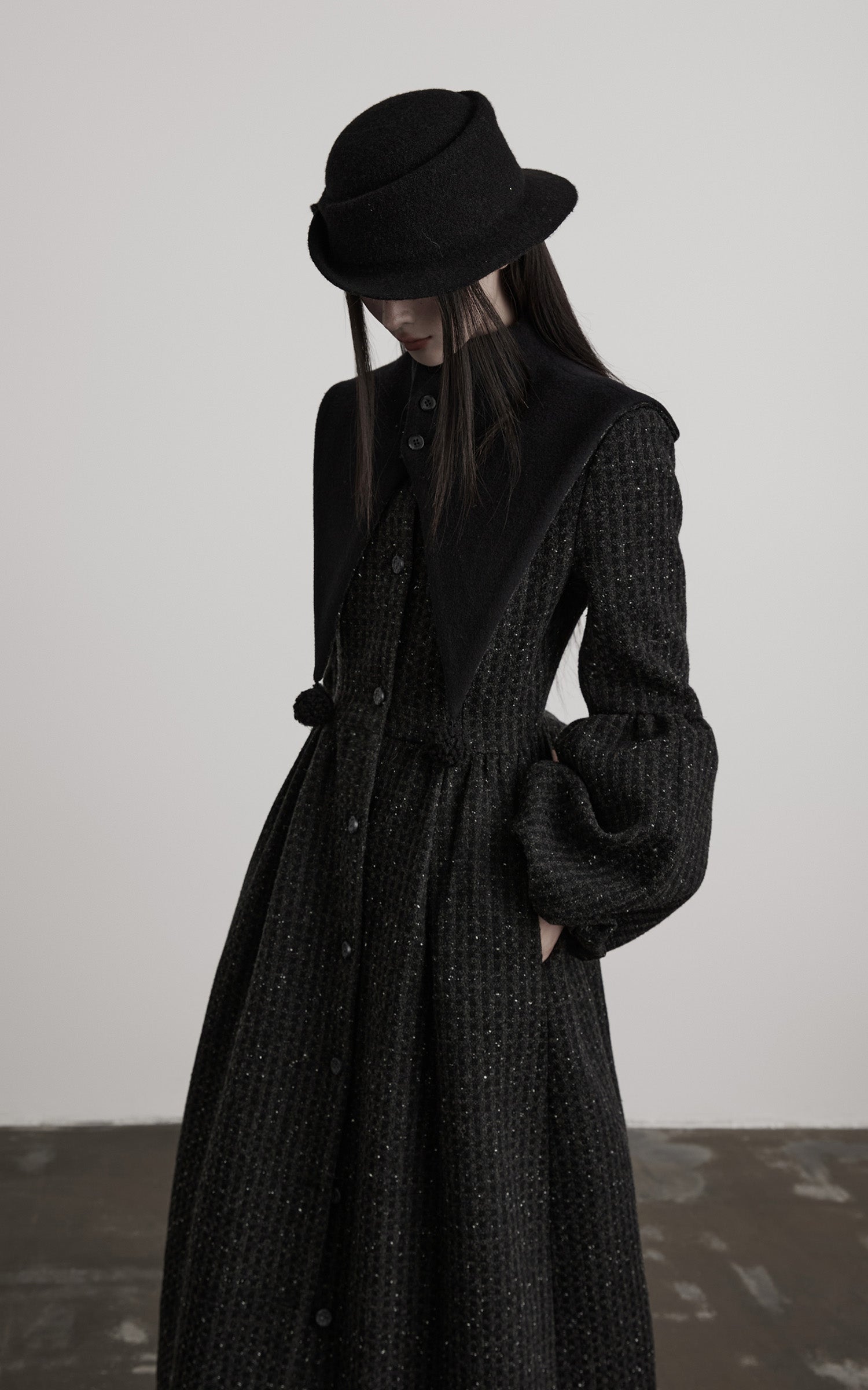 INDULGE Deconstructed High-Neck Balloon Sleeve Long Coat