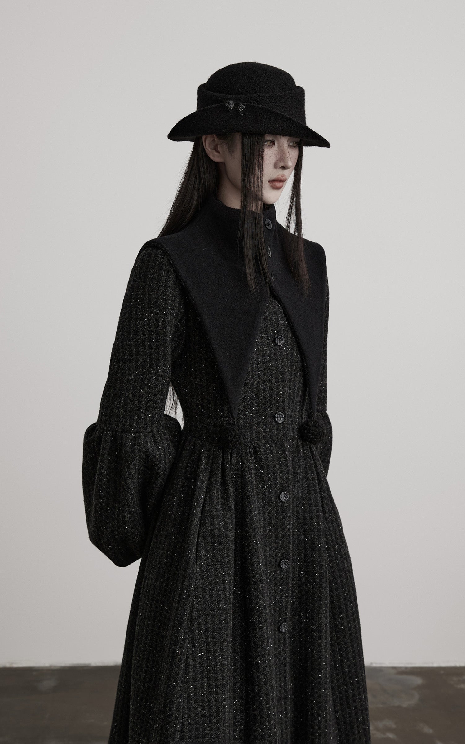 INDULGE Deconstructed High-Neck Balloon Sleeve Long Coat