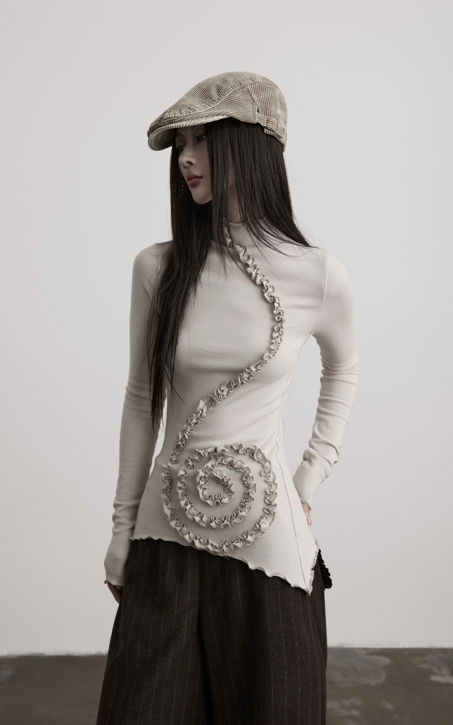 INDULGE Asymmetric Ruched High-Neck Long Sleeve Tee