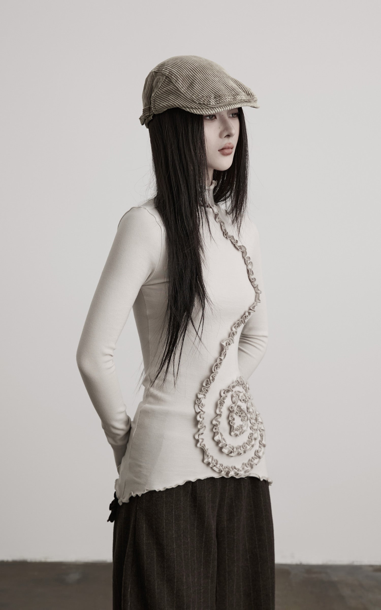 INDULGE Asymmetric Ruched High-Neck Long Sleeve Tee