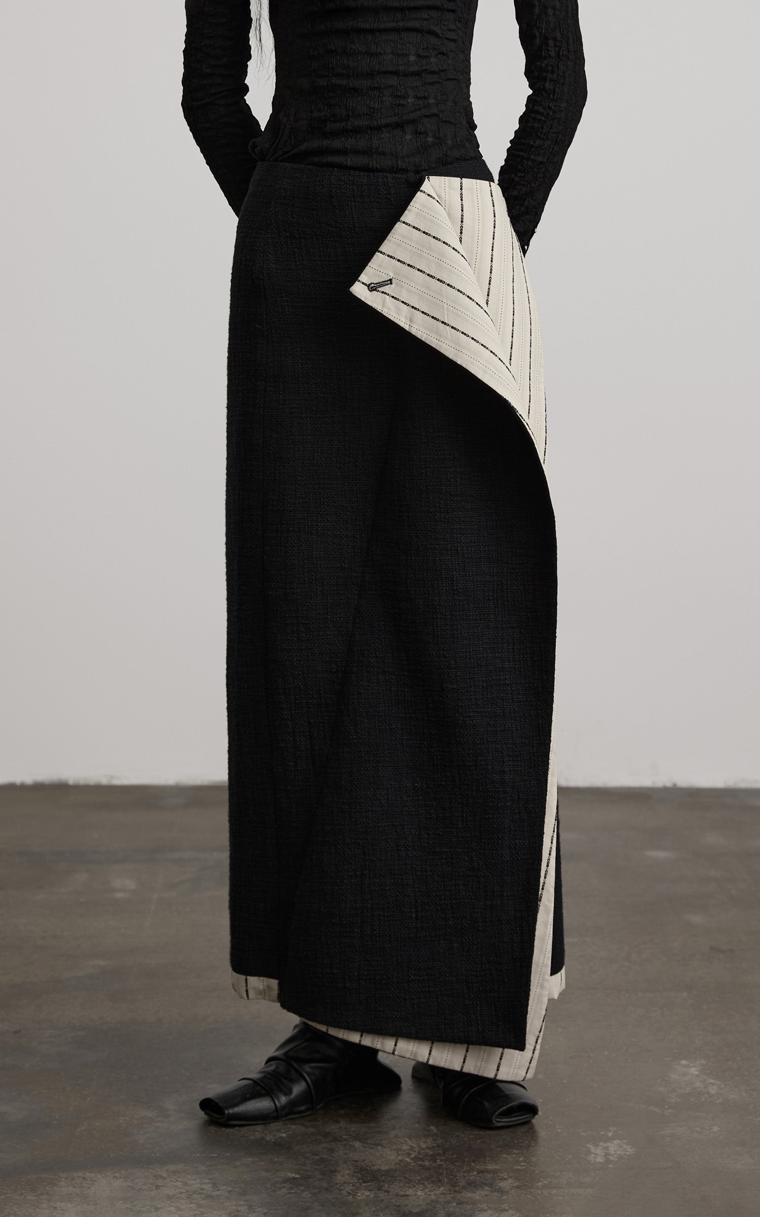 INDULGE Asymmetric Paneled Stripe Deconstructed Maxi Skirt
