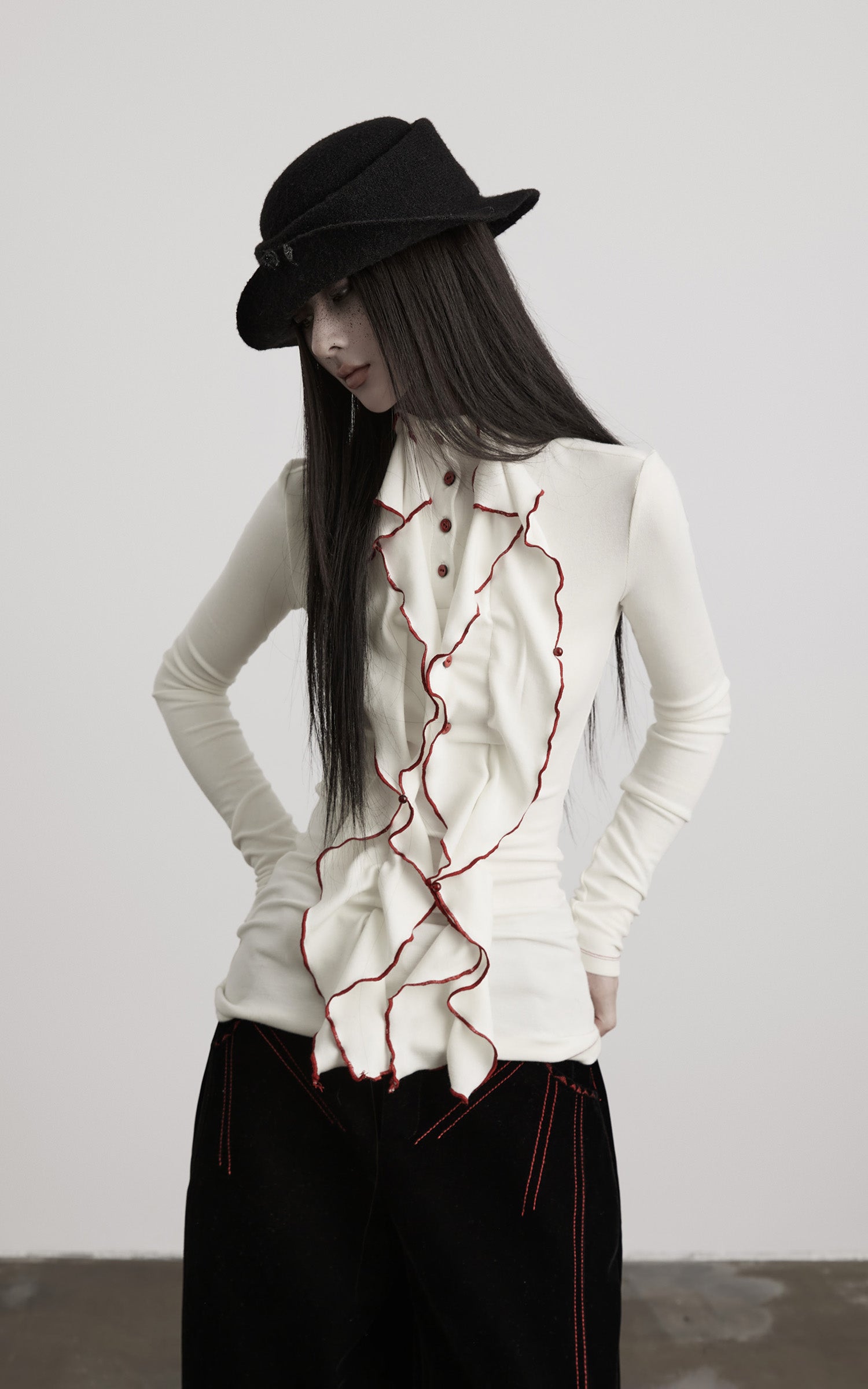 INDULGE Asymmetric Ruffled High-Neck Fitted Shirt