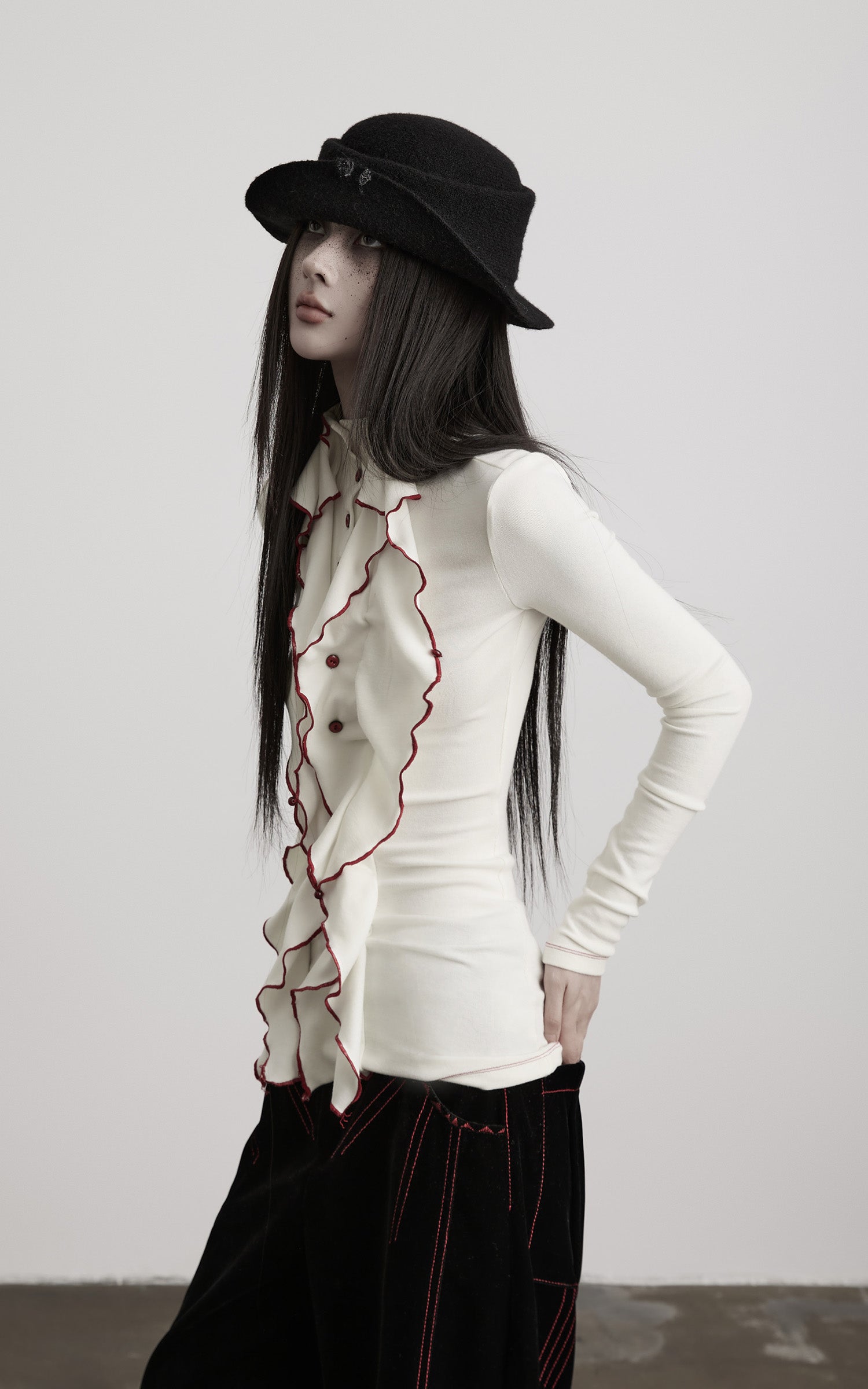 INDULGE Asymmetric Ruffled High-Neck Fitted Shirt