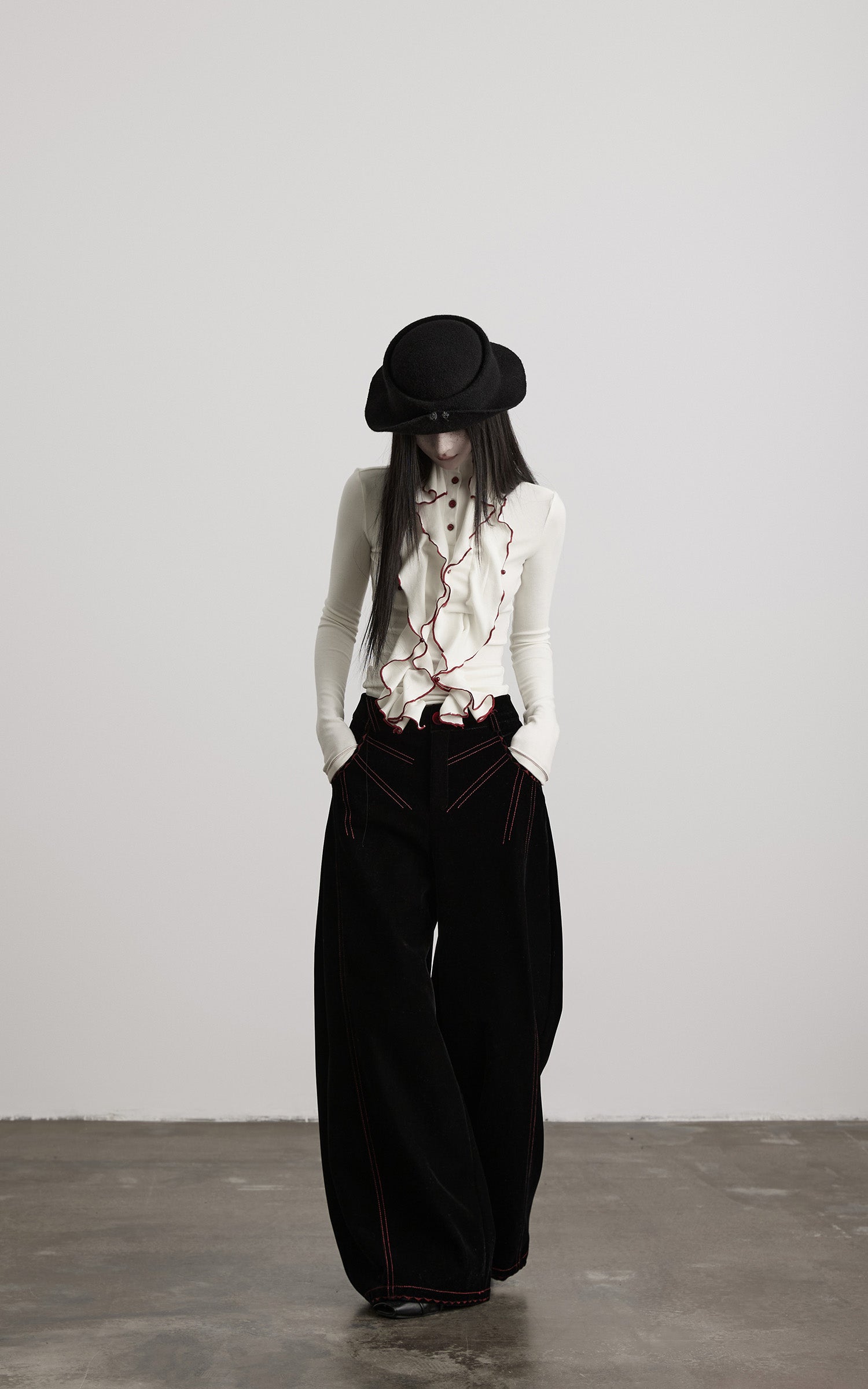 INDULGE Contrast-Stitch Wide-Leg Trousers