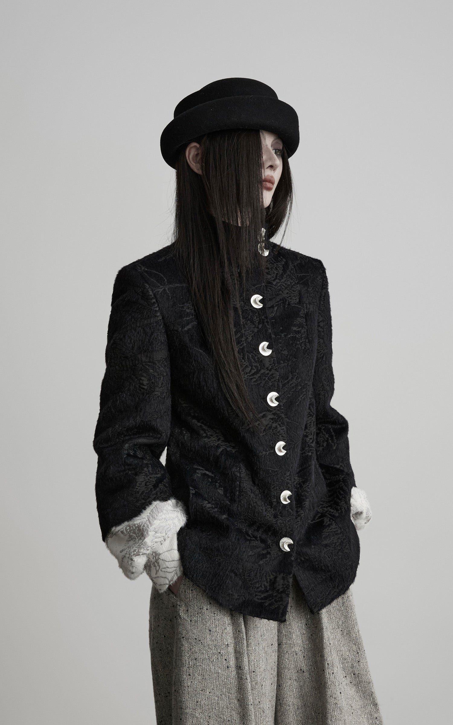 INDULGE High-Neck Textured Jacket with Crescent Button Detail