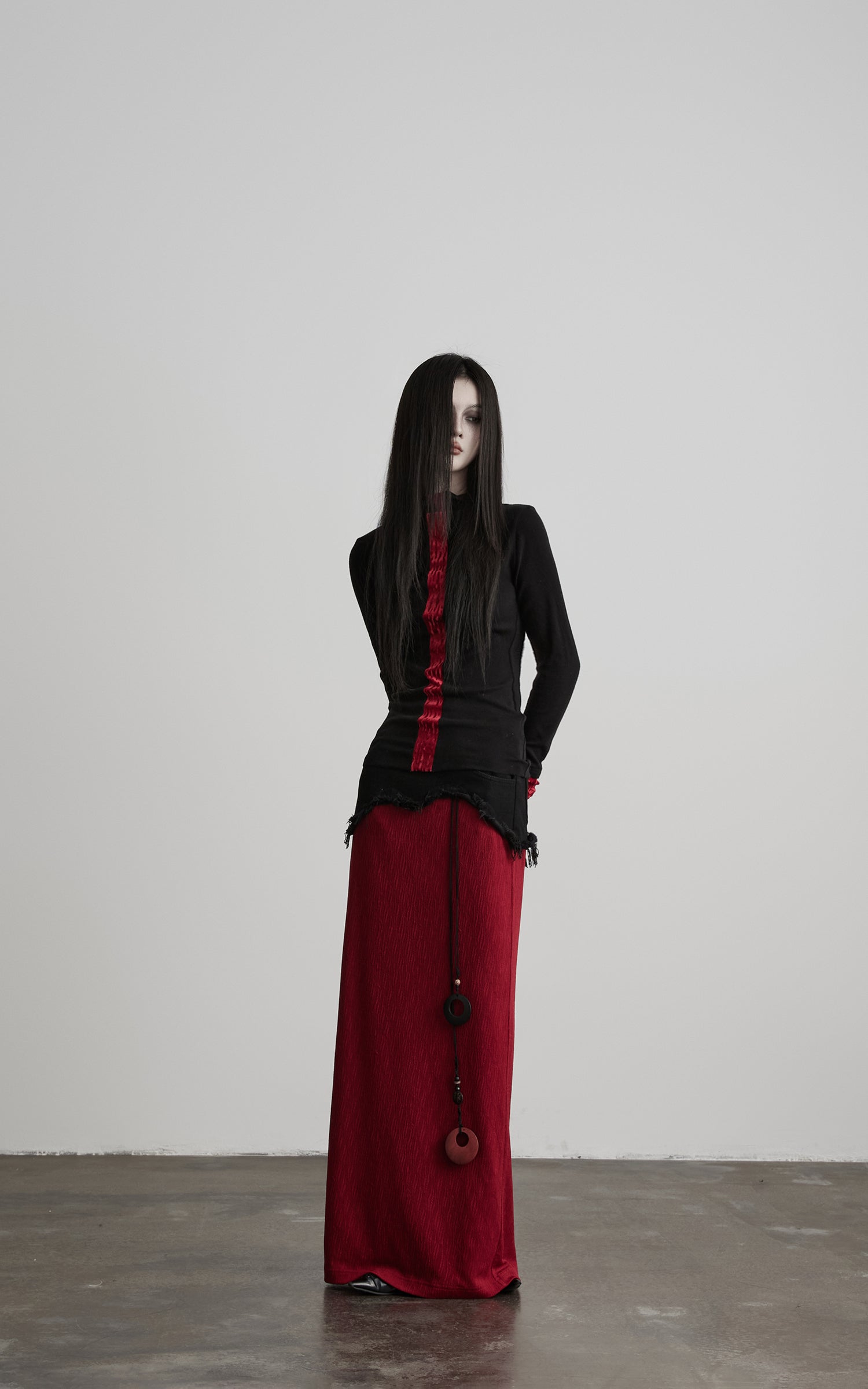 INDULGE Asymmetric Textured Panel Maxi Skirt with Fringe Detail