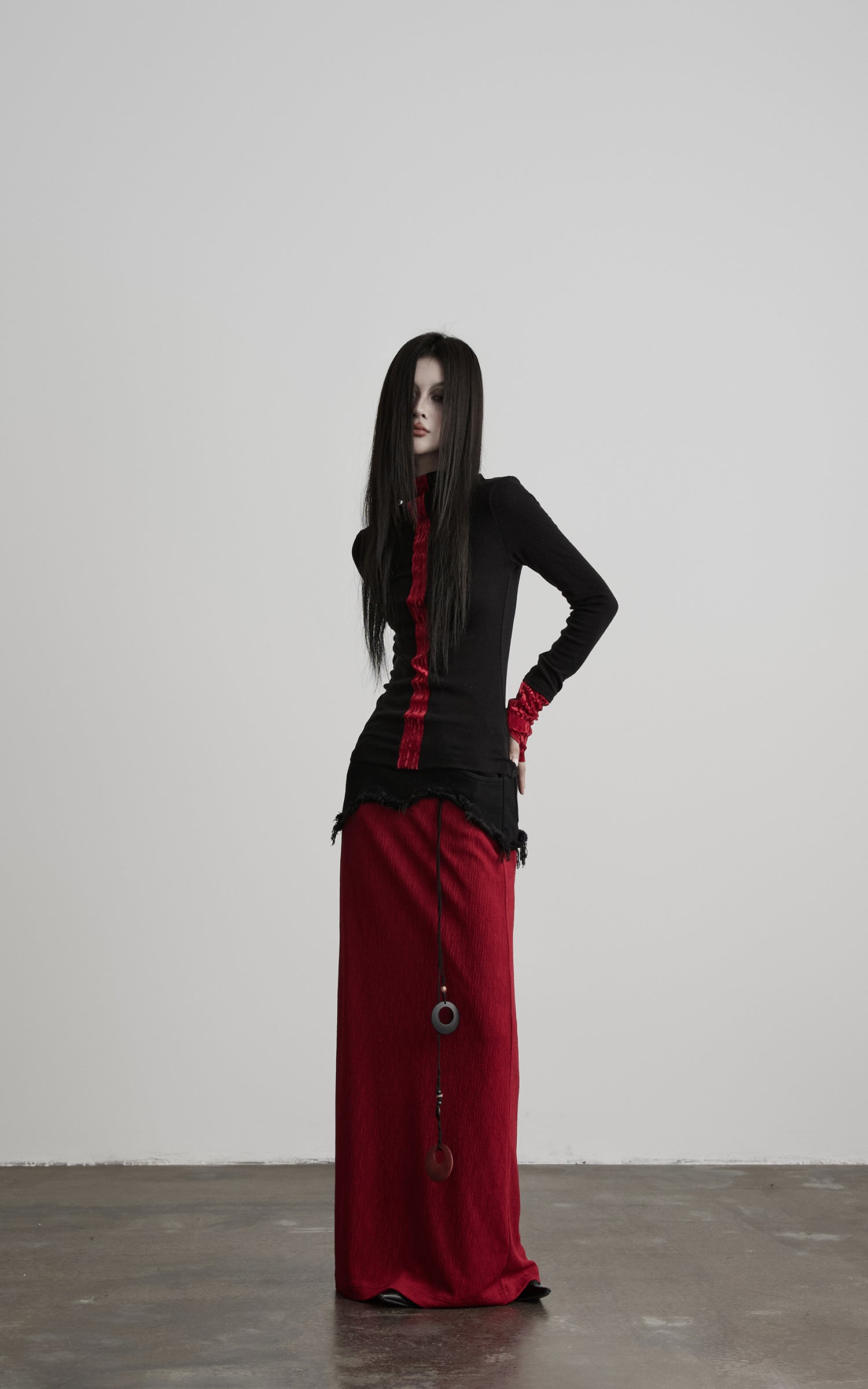 INDULGE Asymmetric Textured Panel Maxi Skirt with Fringe Detail