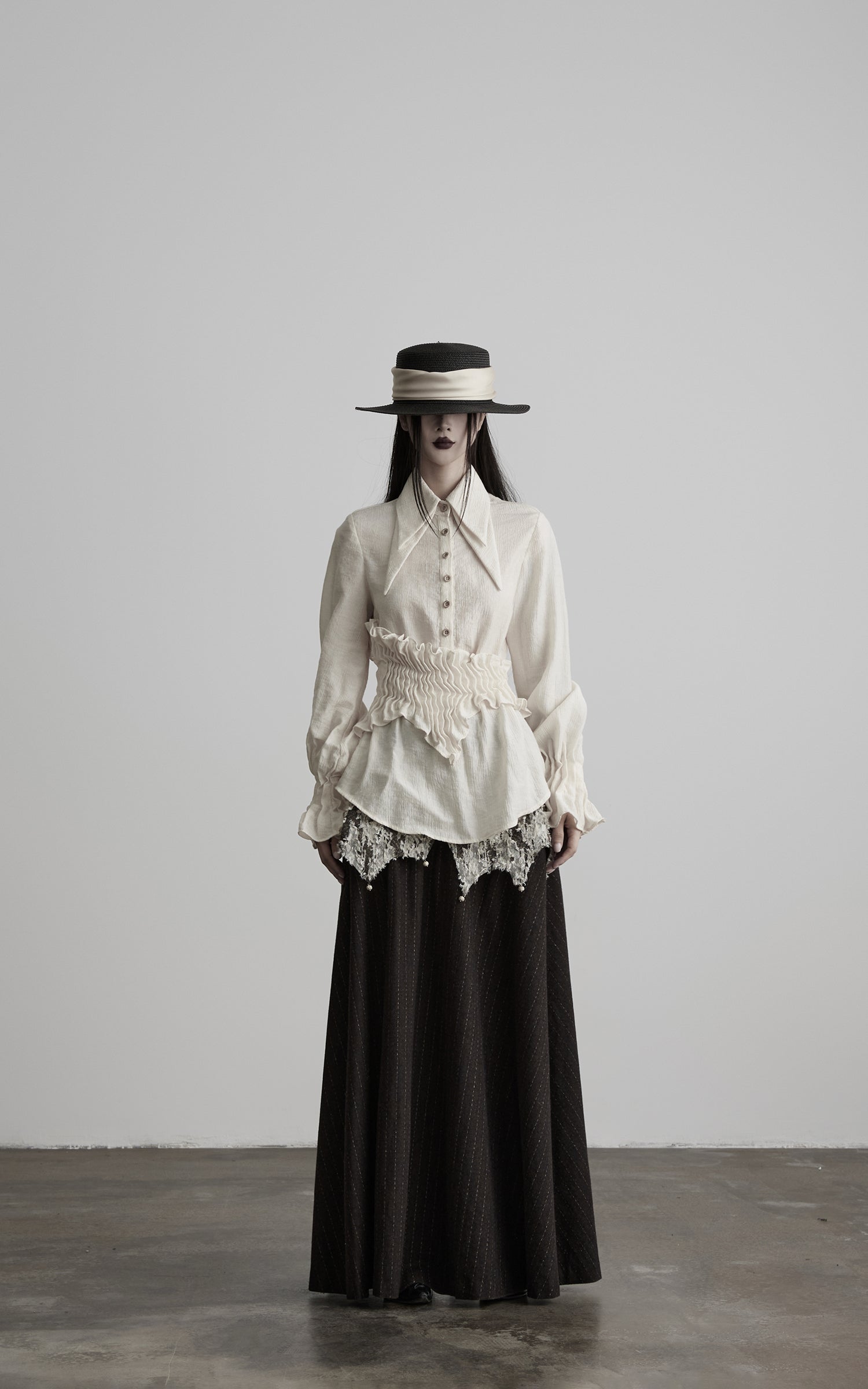 INDULGE Pointed-Collar Ruched Waist Structured Shirt