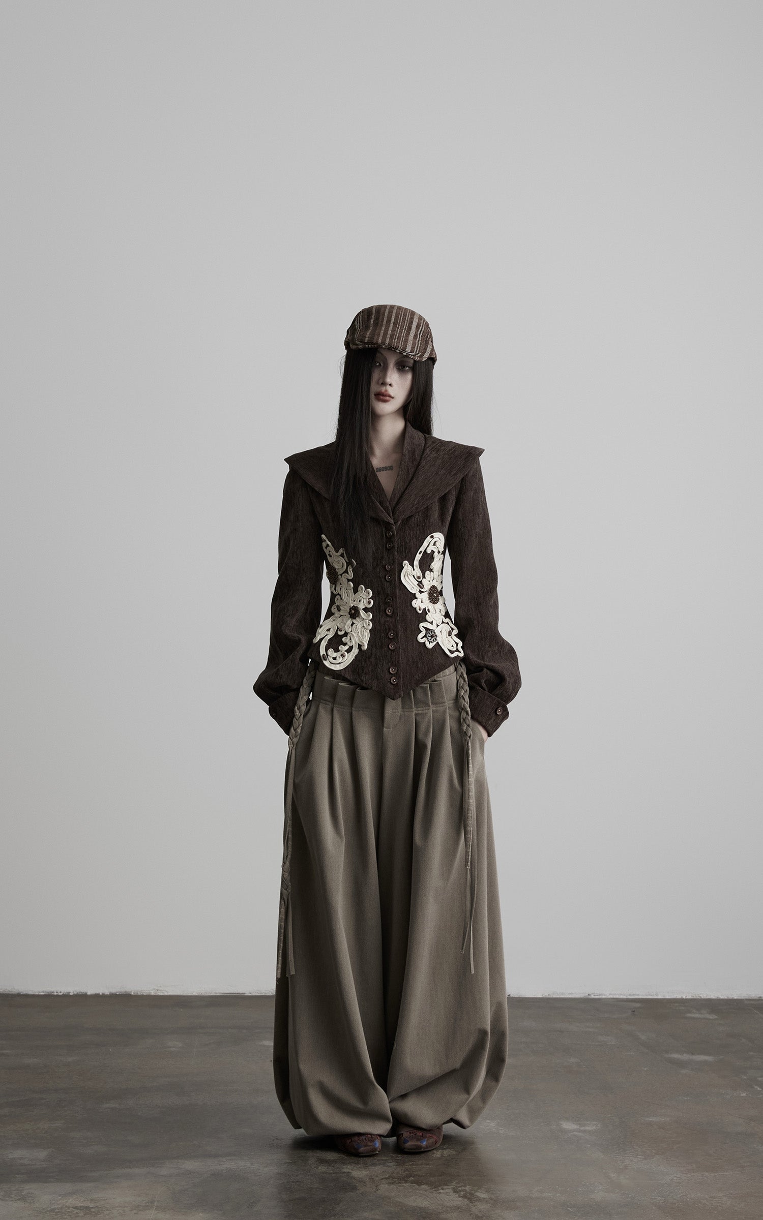 INDULGE Sculpted Collar Embroidered Fitted Jacket