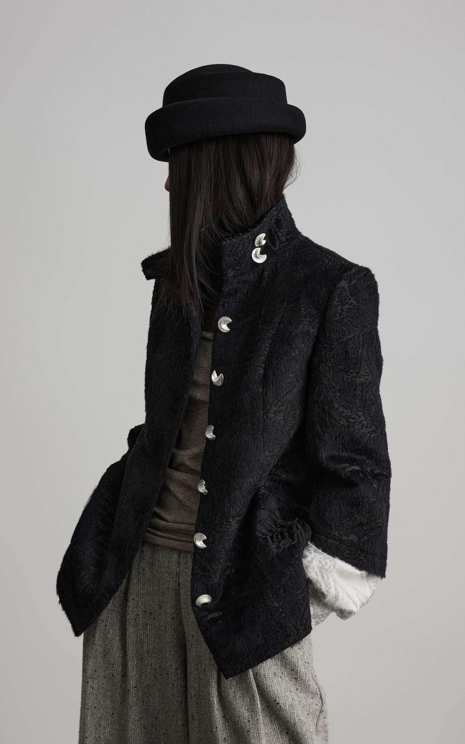 INDULGE High-Neck Textured Jacket with Crescent Button Detail