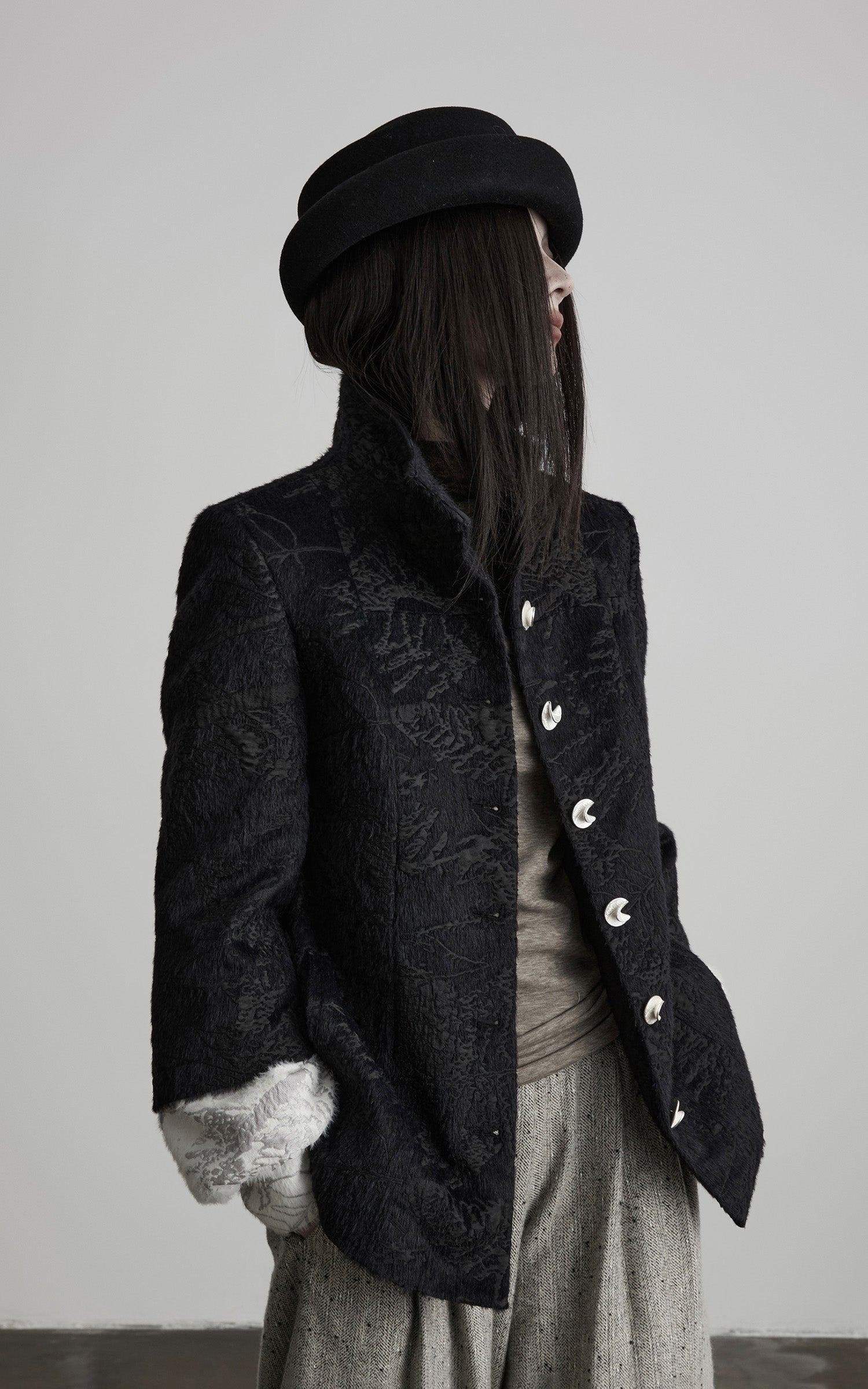 INDULGE High-Neck Textured Jacket with Crescent Button Detail