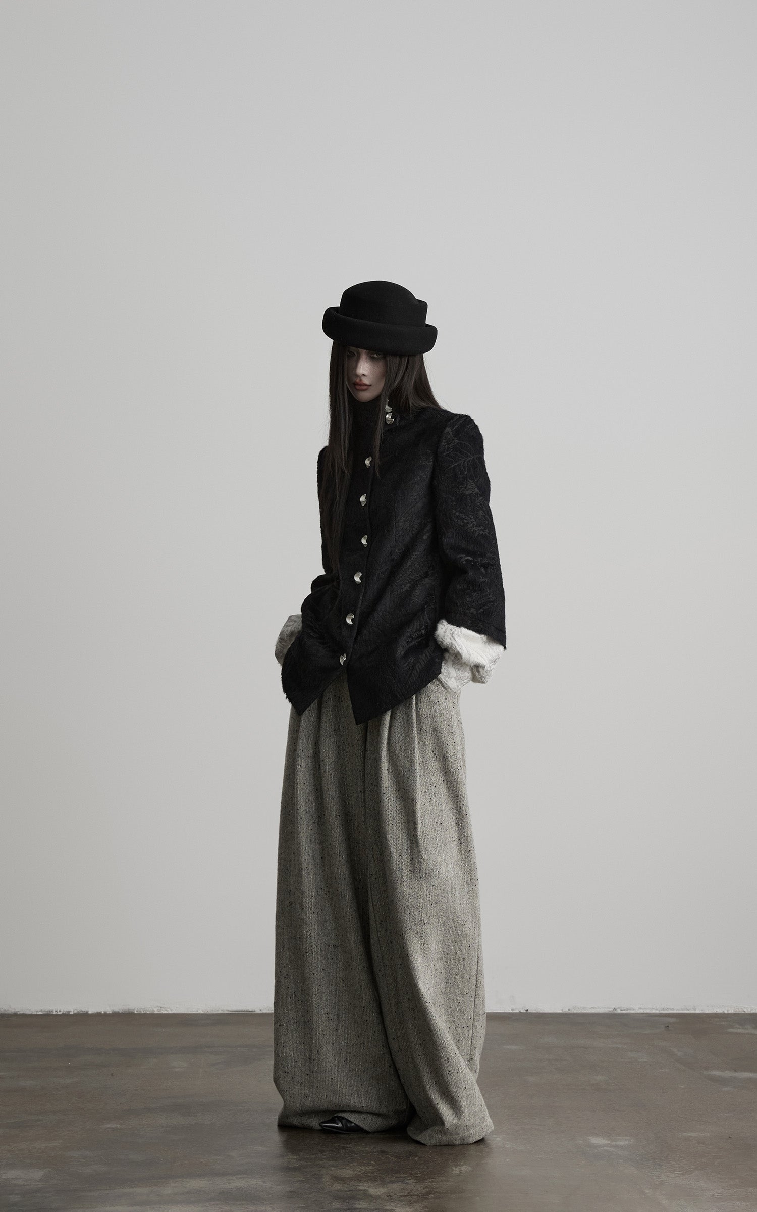 INDULGE High-Neck Textured Jacket with Crescent Button Detail