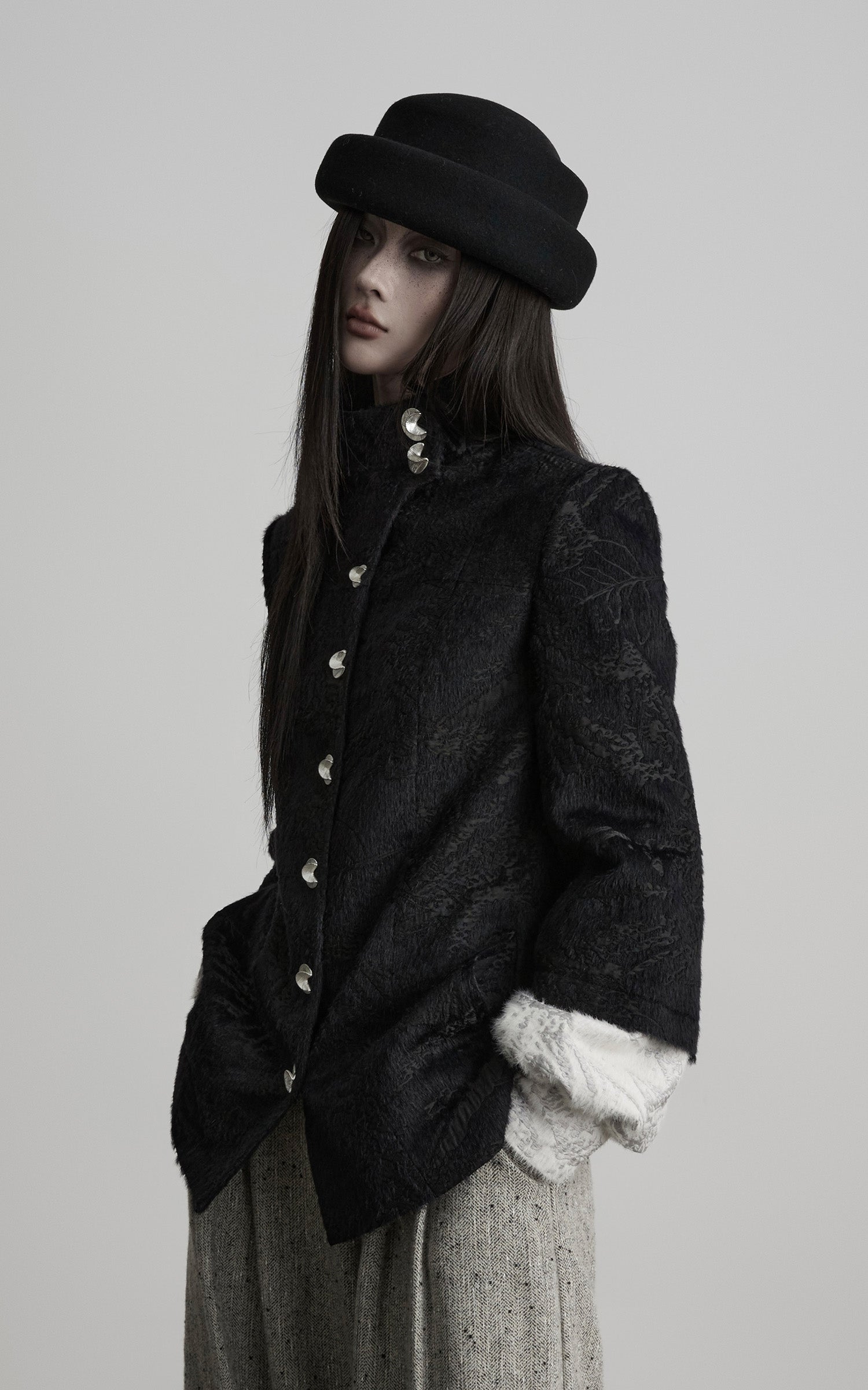 INDULGE High-Neck Textured Jacket with Crescent Button Detail