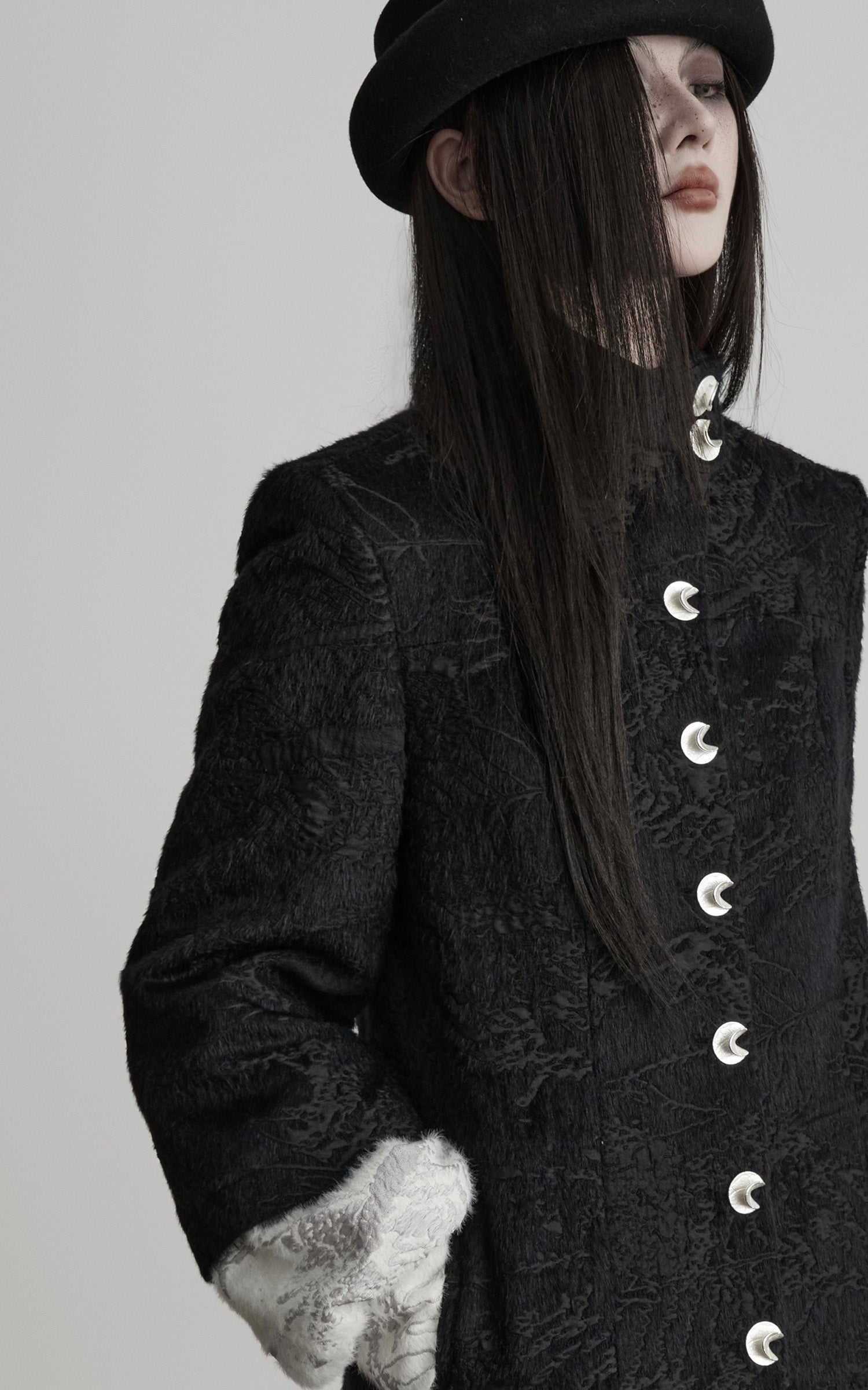 INDULGE High-Neck Textured Jacket with Crescent Button Detail
