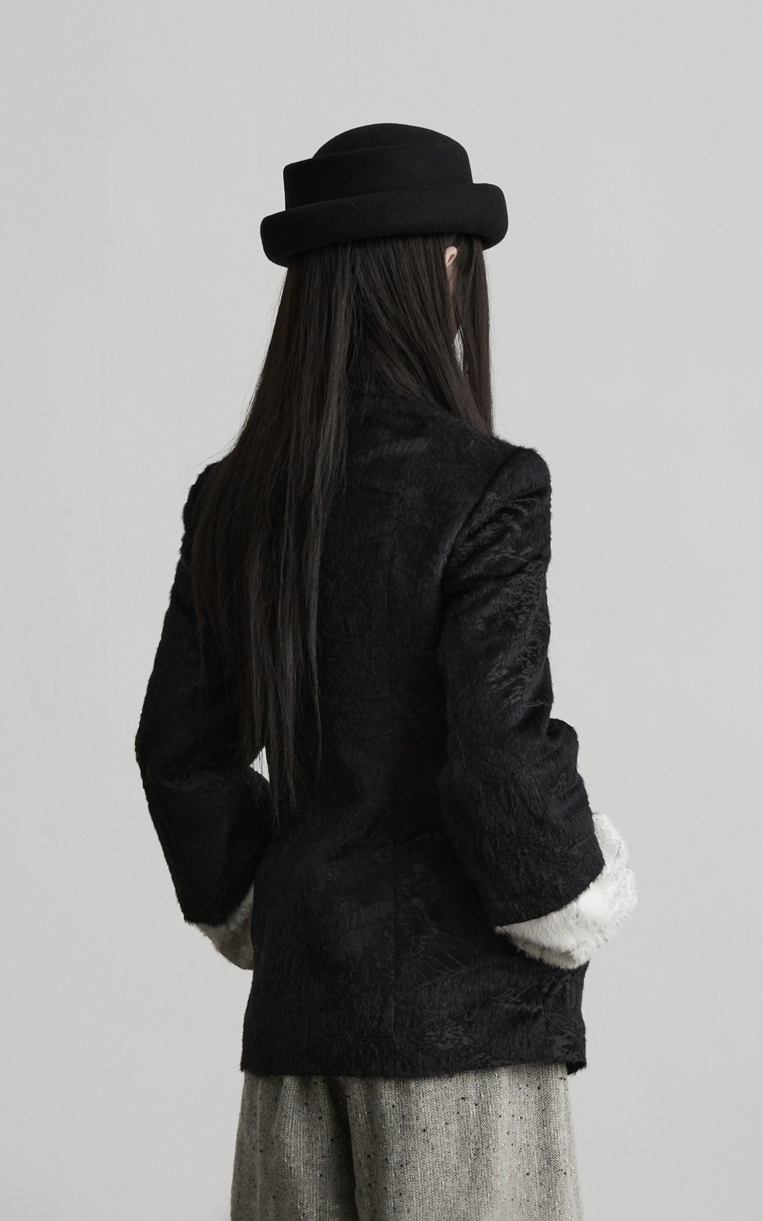 INDULGE High-Neck Textured Jacket with Crescent Button Detail