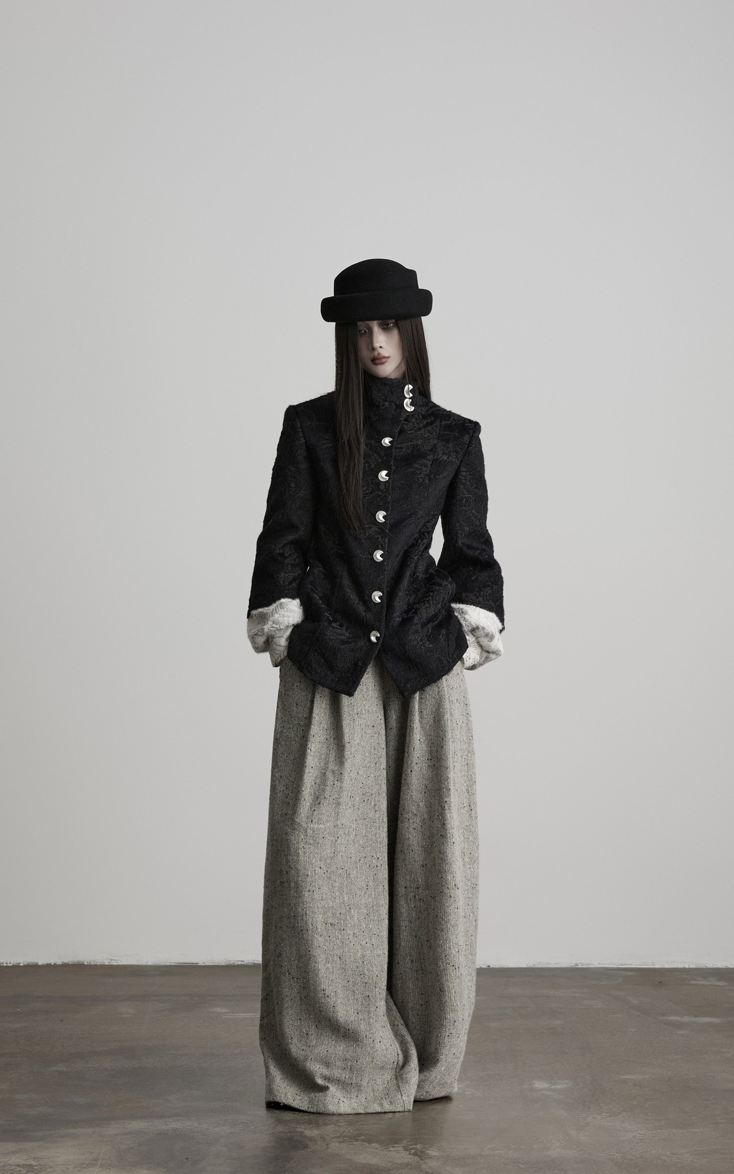 INDULGE High-Neck Textured Jacket with Crescent Button Detail