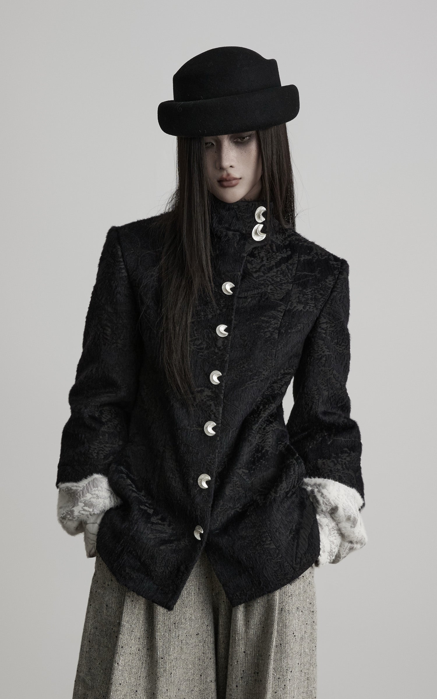 INDULGE High-Neck Textured Jacket with Crescent Button Detail