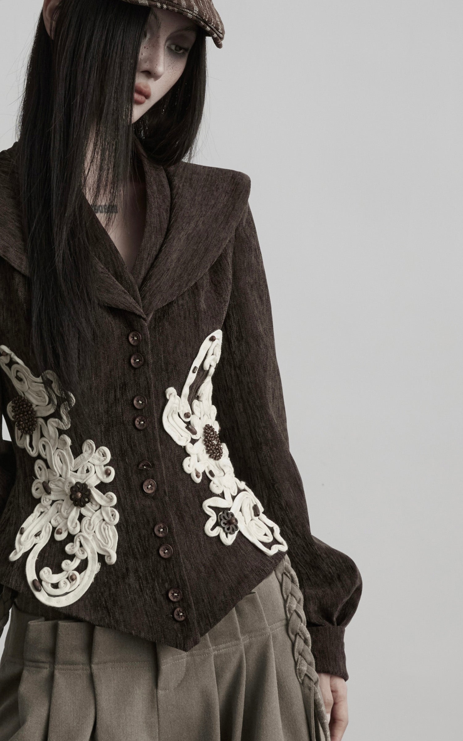 INDULGE Sculpted Collar Embroidered Fitted Jacket