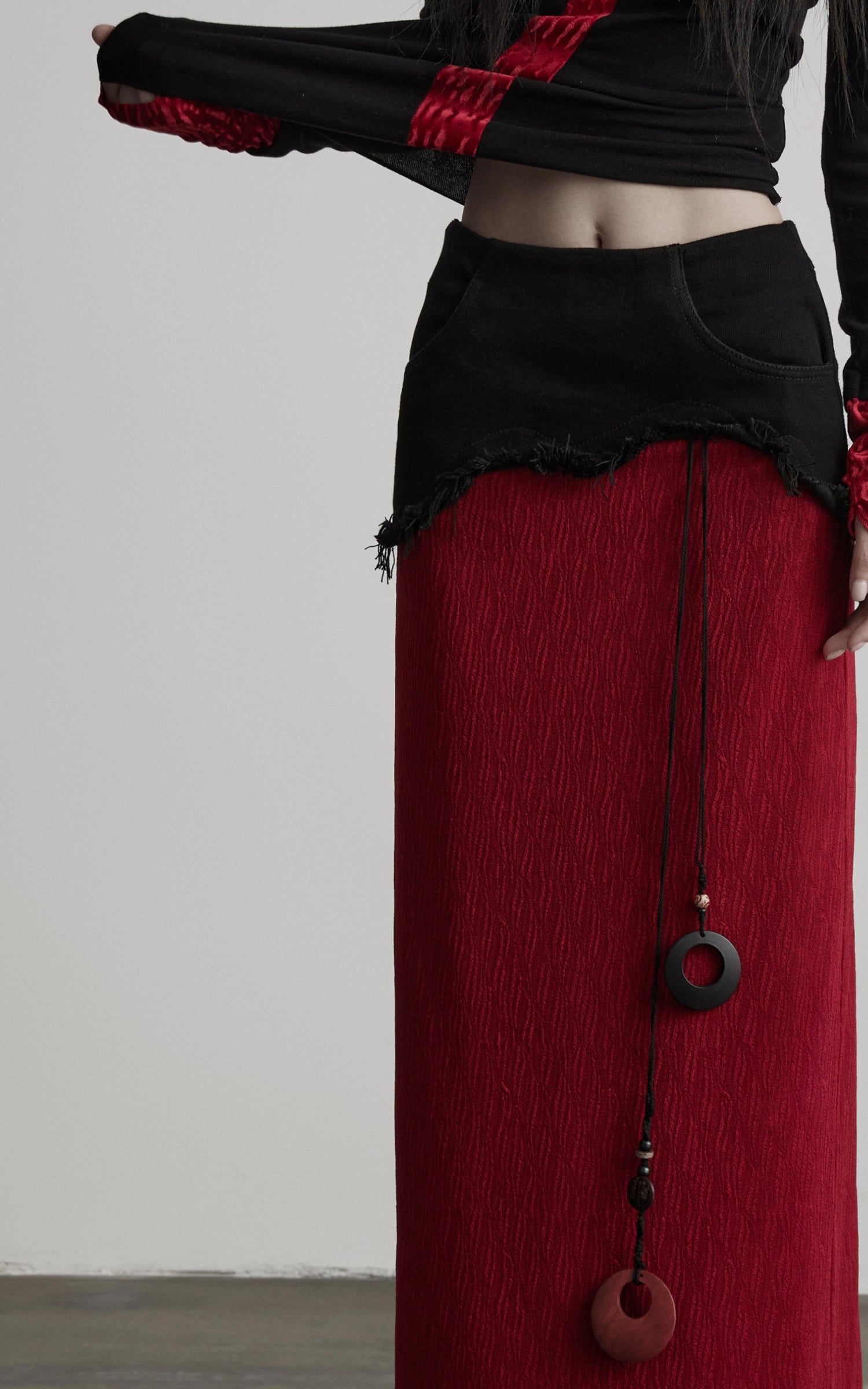 INDULGE Asymmetric Textured Panel Maxi Skirt with Fringe Detail