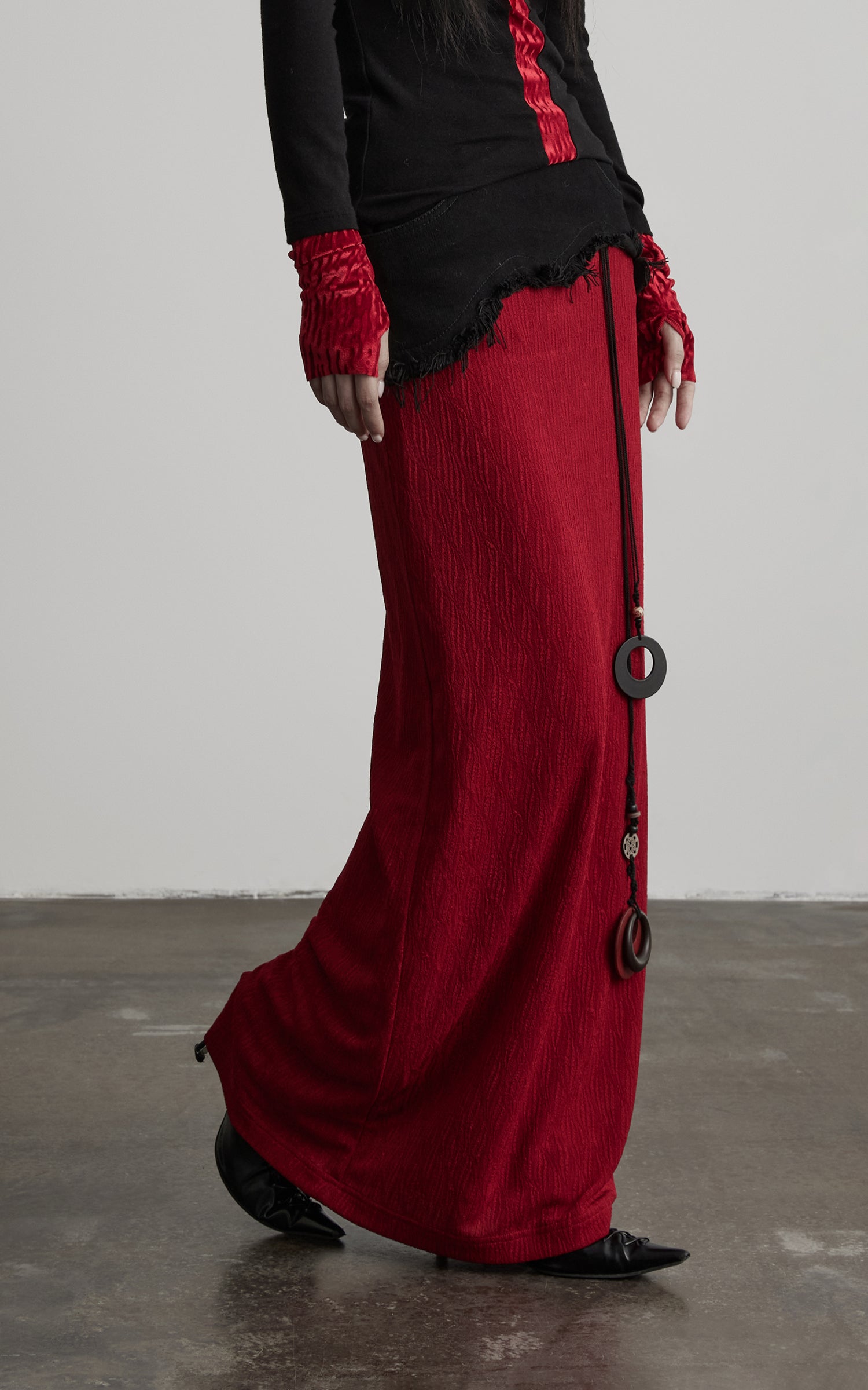 INDULGE Asymmetric Textured Panel Maxi Skirt with Fringe Detail