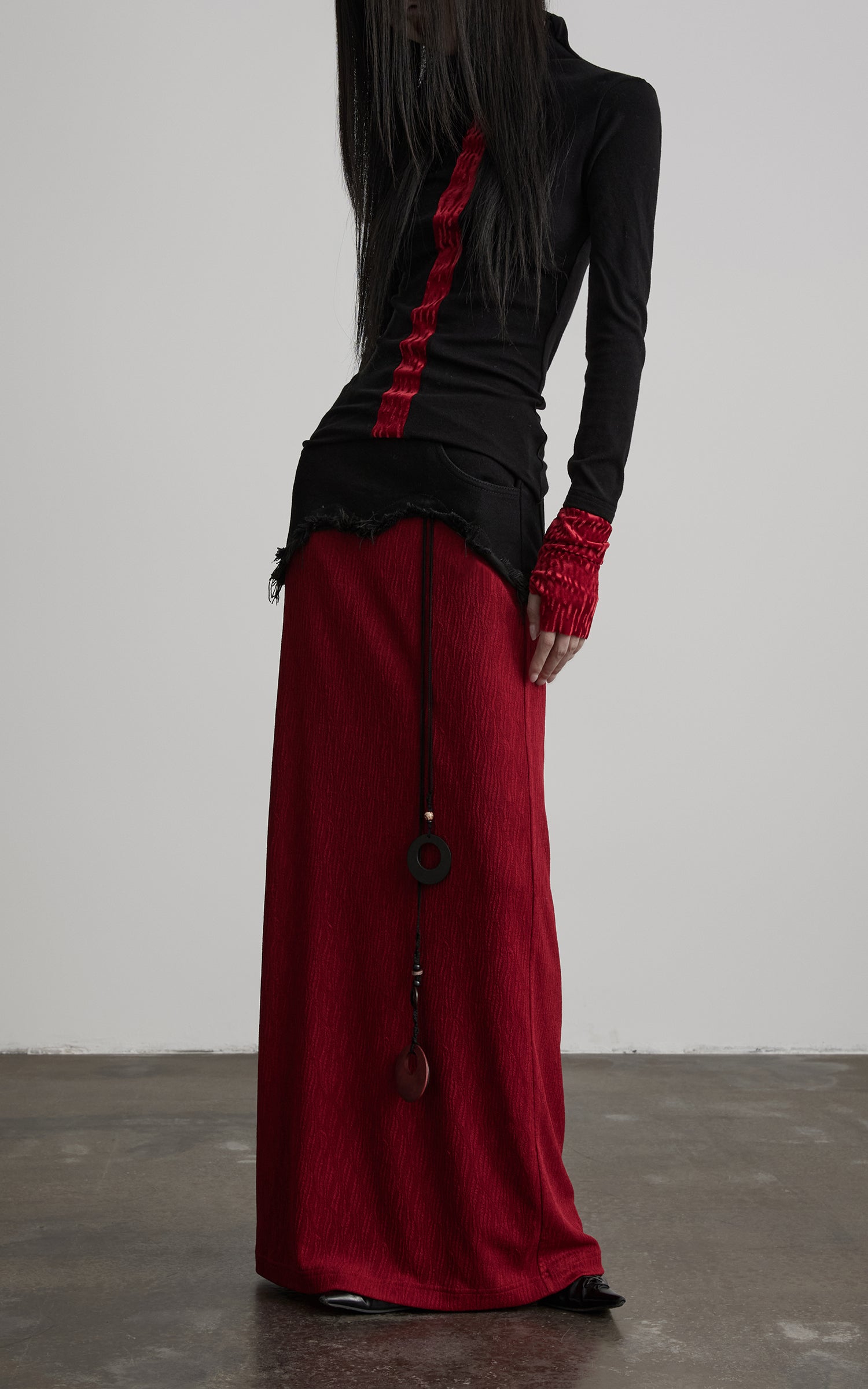 INDULGE Asymmetric Textured Panel Maxi Skirt with Fringe Detail