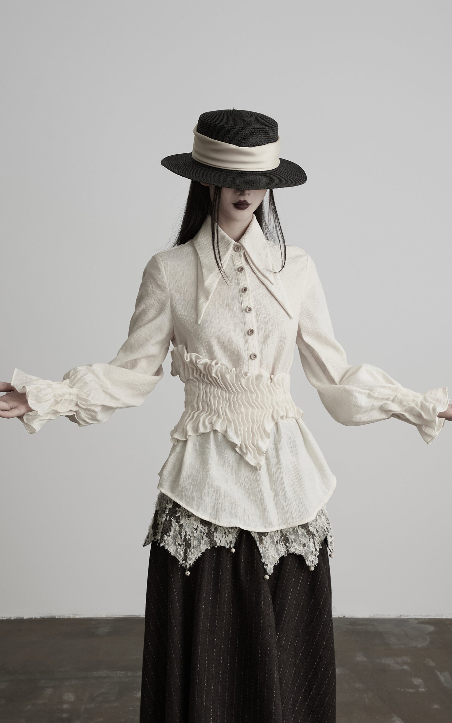 INDULGE Pointed-Collar Ruched Waist Structured Shirt