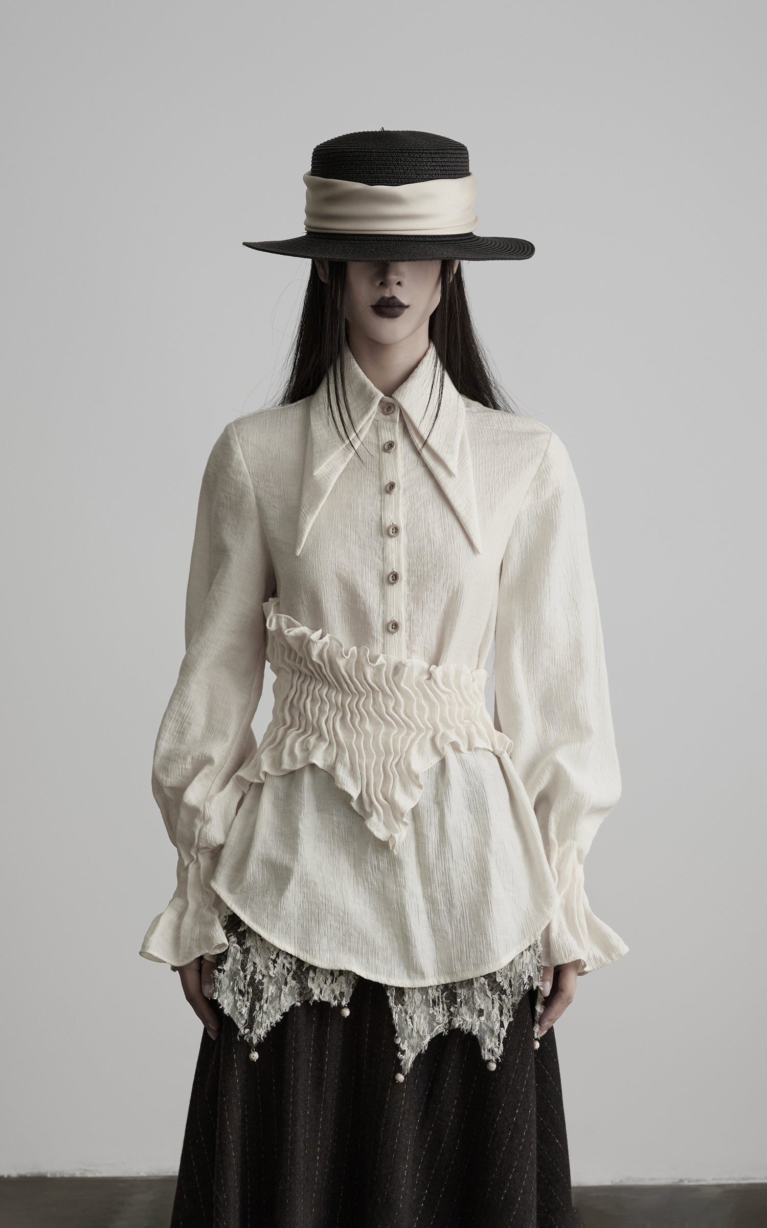 INDULGE Pointed-Collar Ruched Waist Structured Shirt