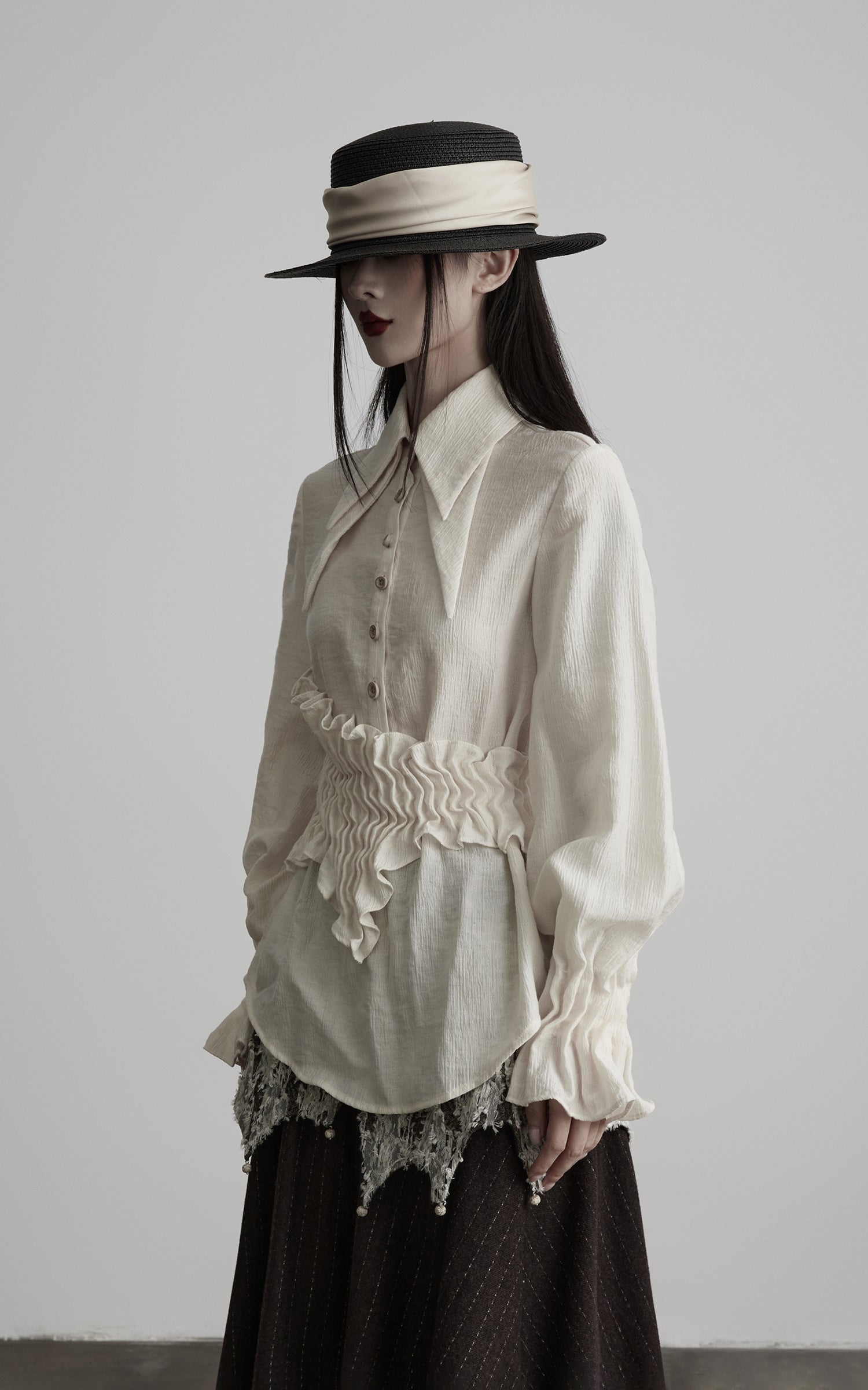 INDULGE Pointed-Collar Ruched Waist Structured Shirt