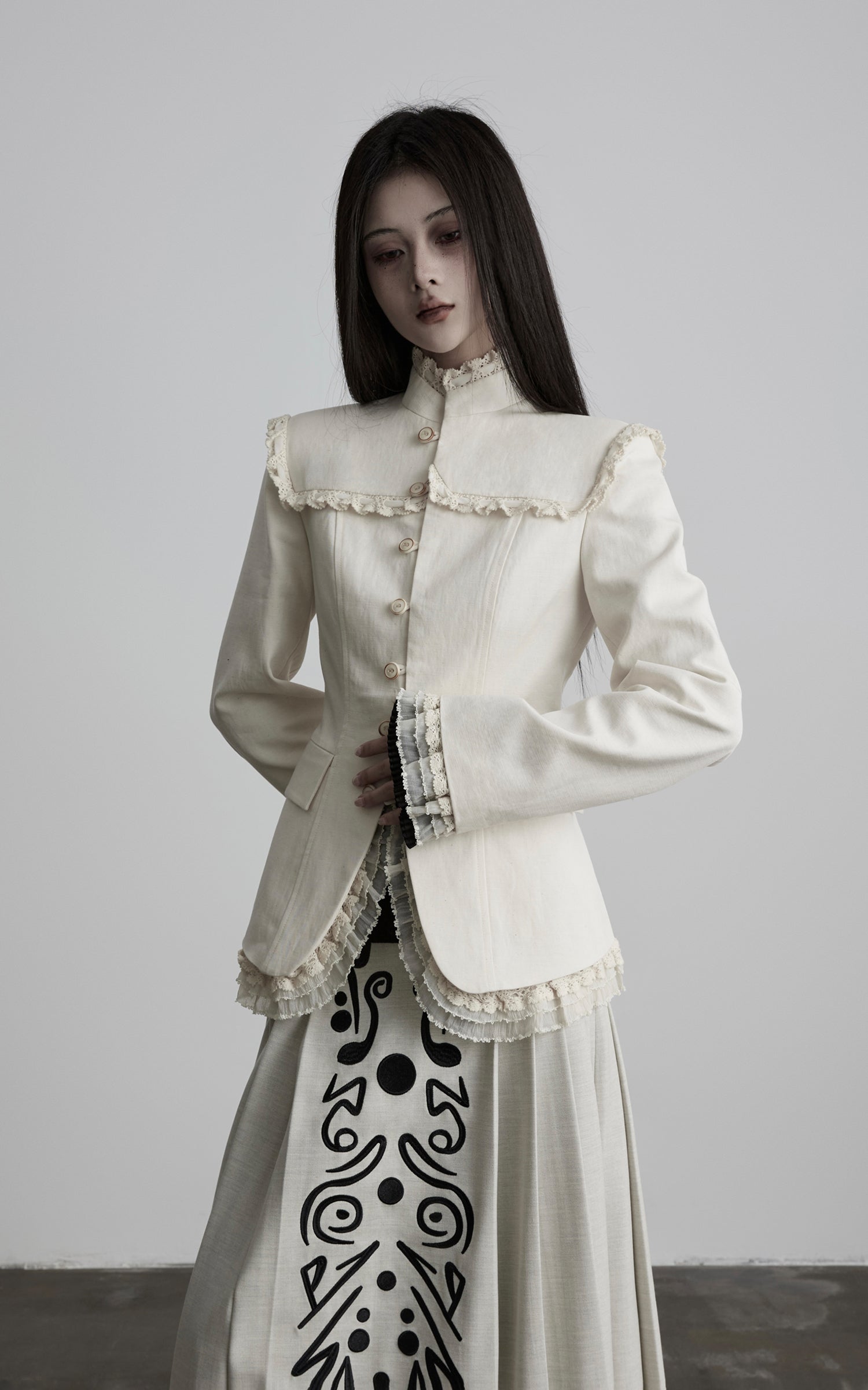 INDULGE Lace-Trim High-Neck Fitted Jacket