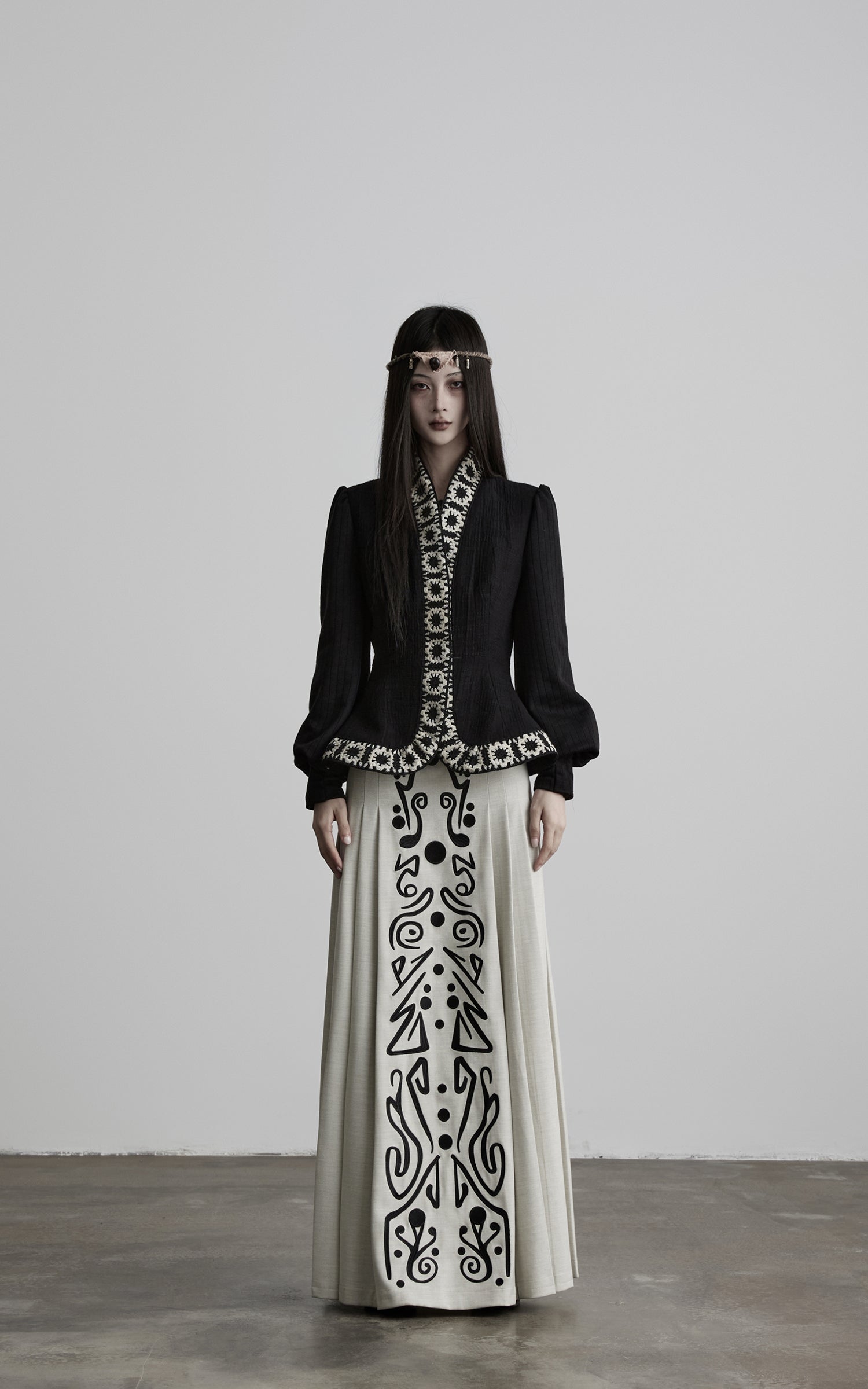 INDULGE Embroidered Panel Pleated Maxi Skirt