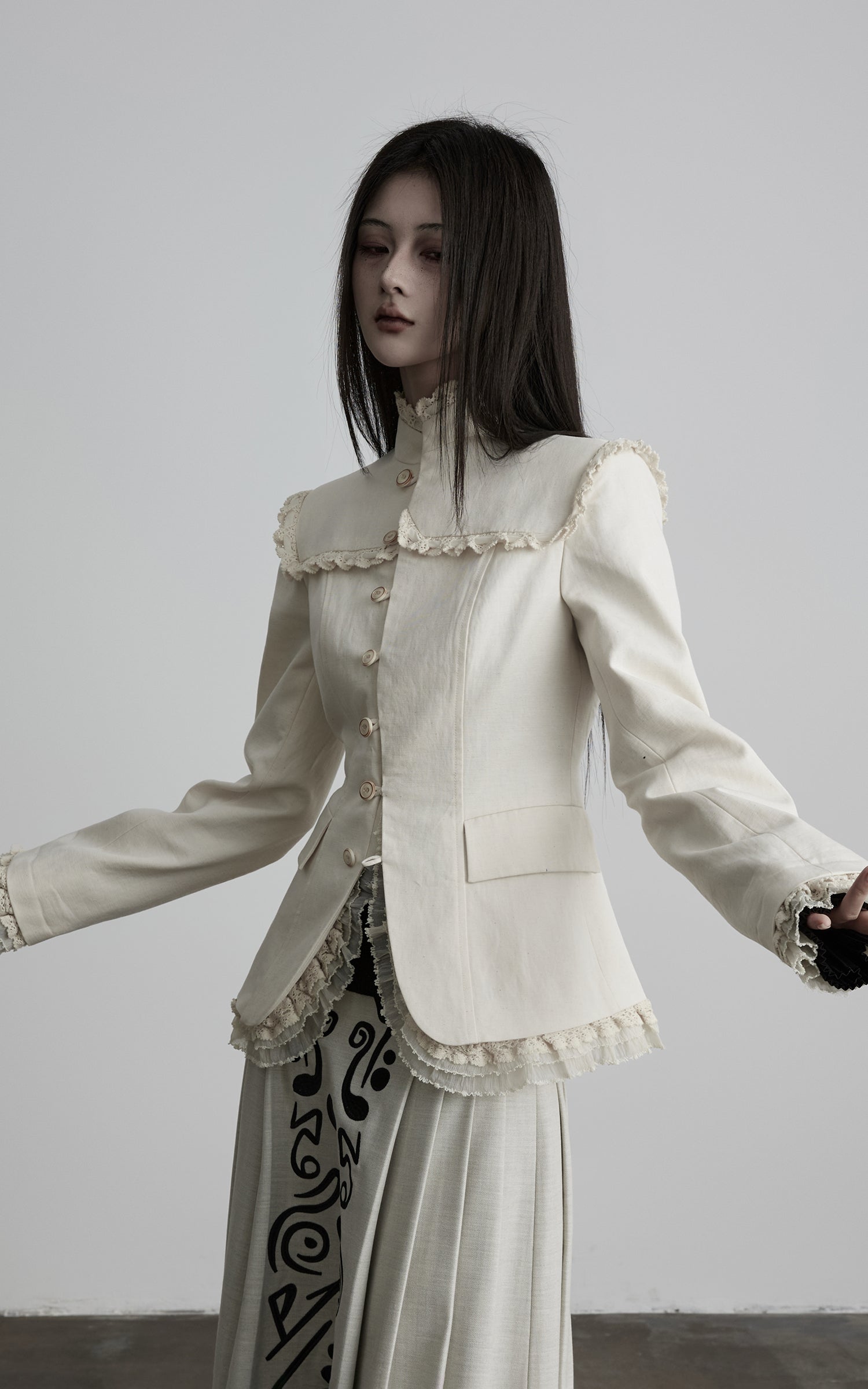 INDULGE Lace-Trim High-Neck Fitted Jacket