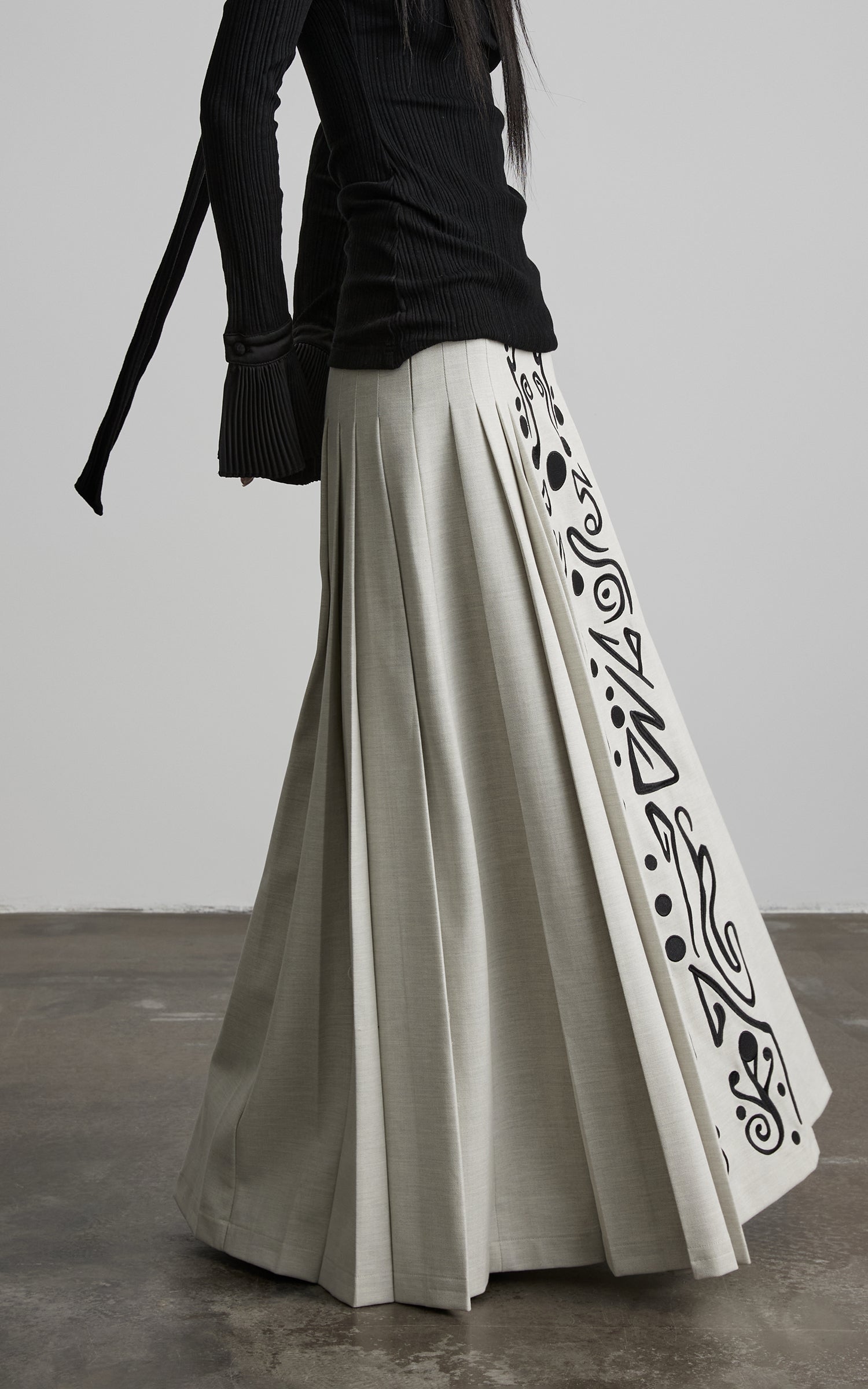 INDULGE Embroidered Panel Pleated Maxi Skirt
