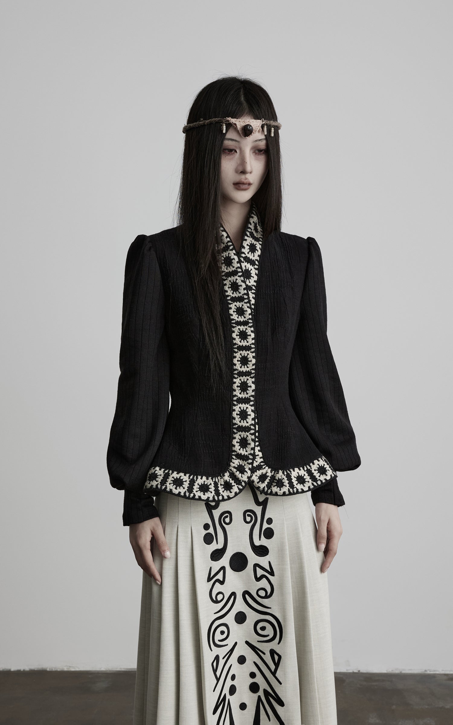 INDULGE Embroidered-Trim Fitted High-Neck Jacket