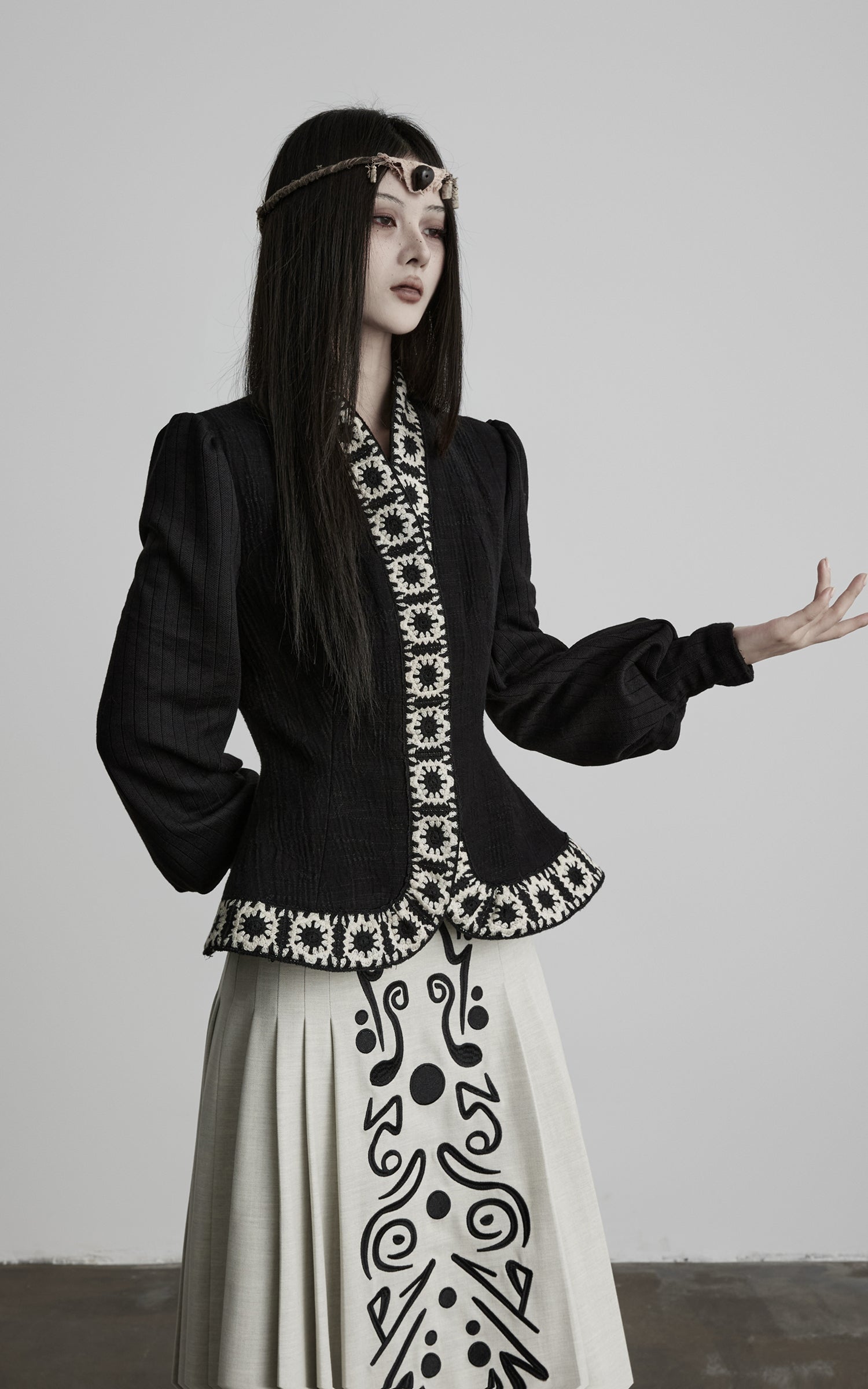 INDULGE Embroidered-Trim Fitted High-Neck Jacket