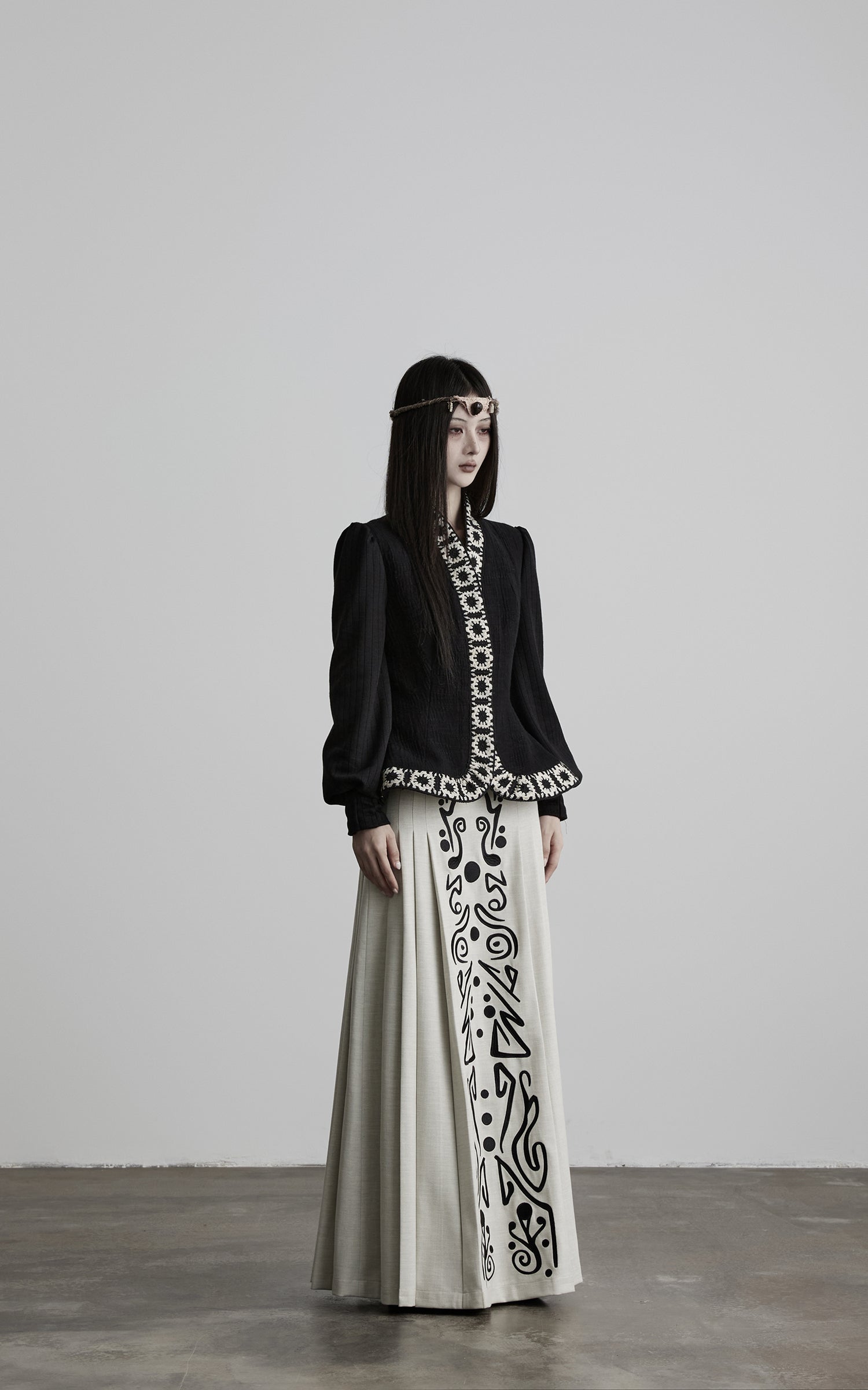 INDULGE Embroidered Panel Pleated Maxi Skirt