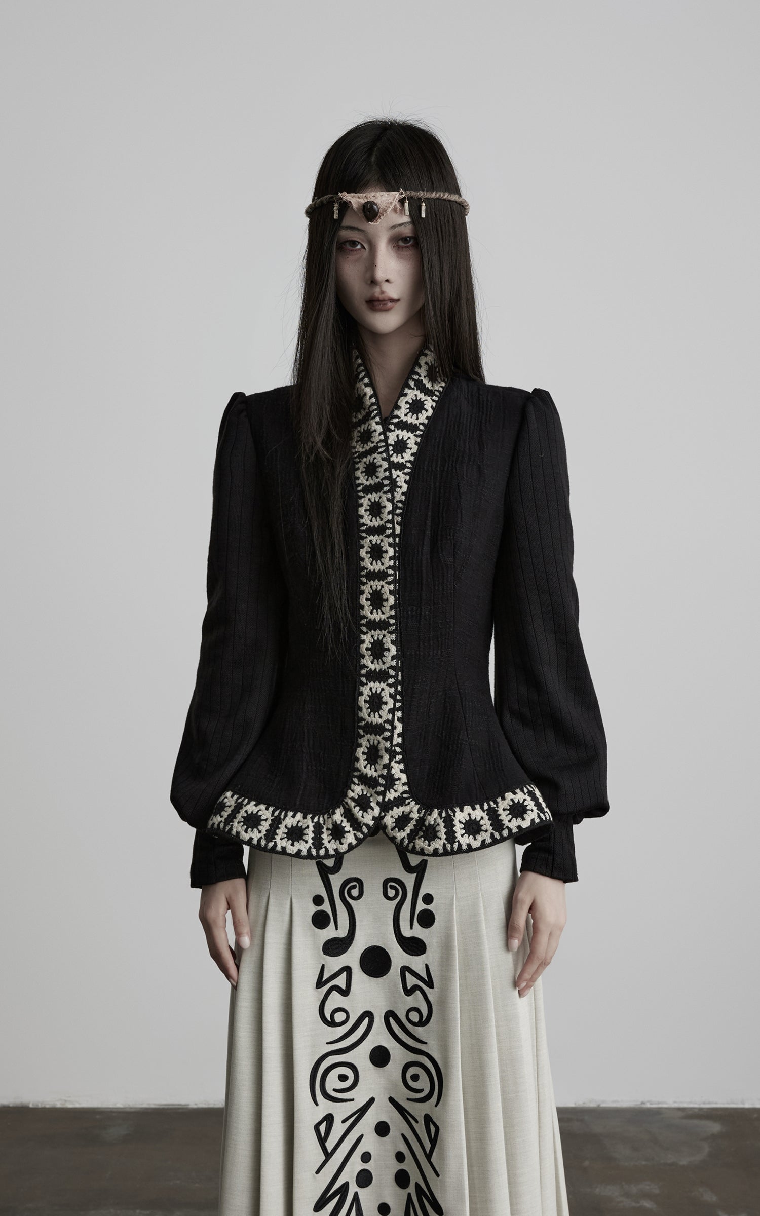 INDULGE Embroidered-Trim Fitted High-Neck Jacket