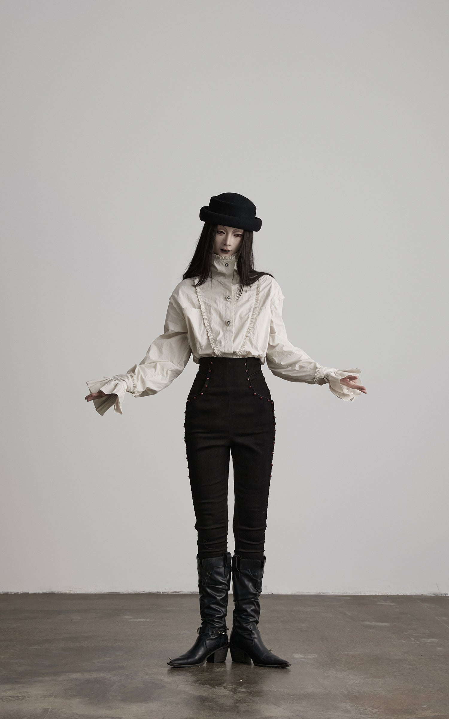 DOINDULGE High Waist Structured Studded Slim Denim Pants