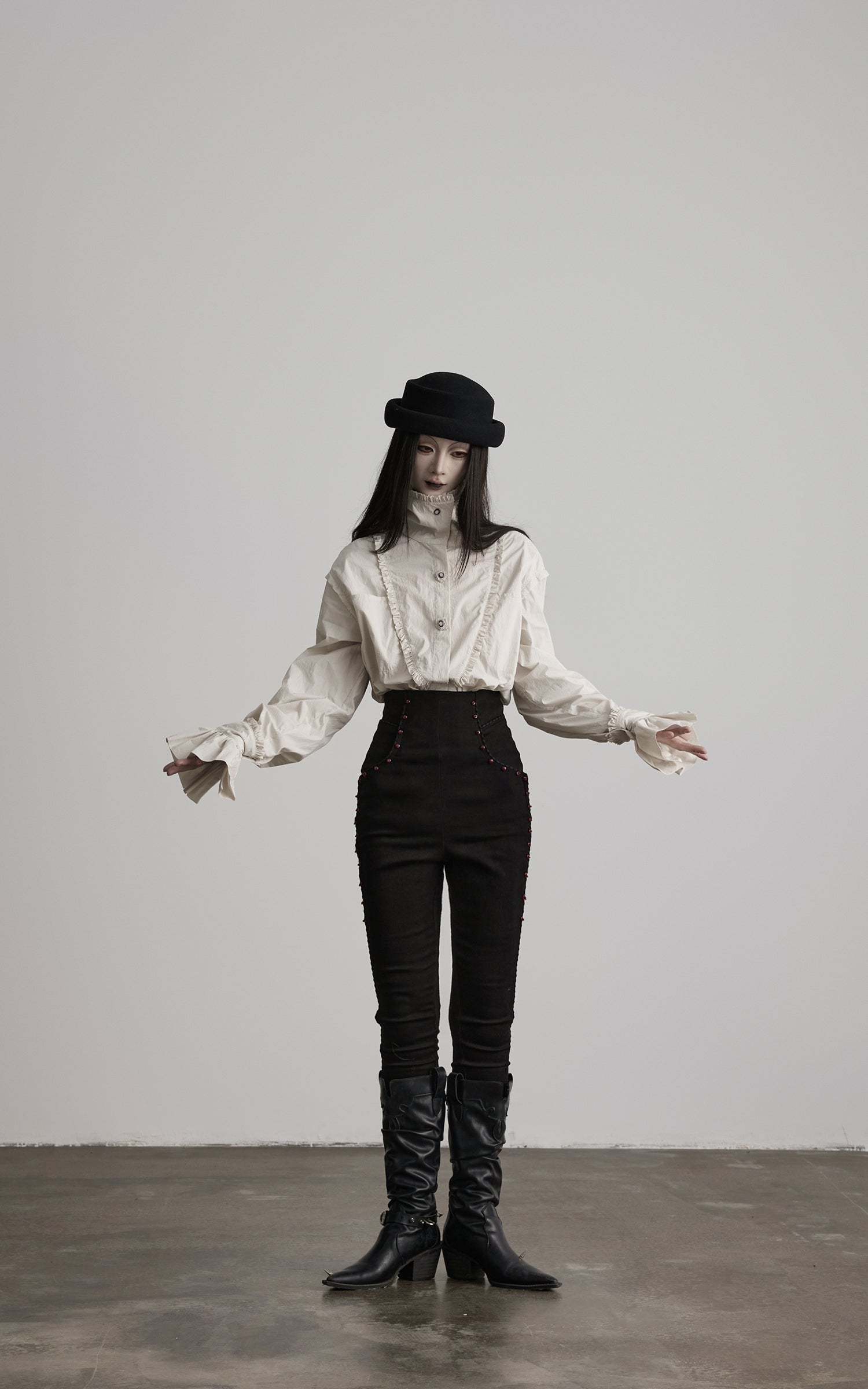 DOINDULGE Ruffled Stand Collar Flared Sleeve Shirt