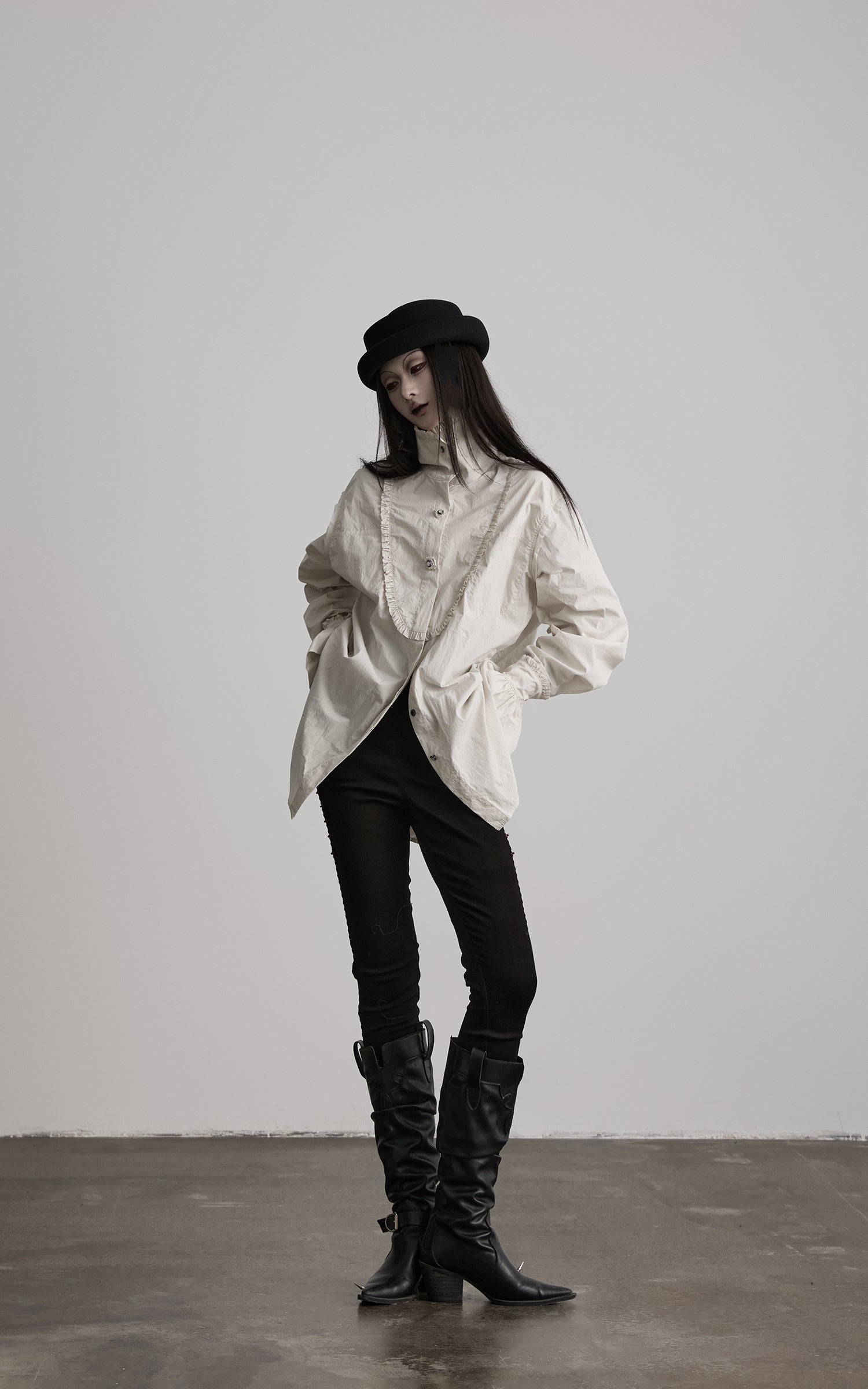 DOINDULGE Ruffled Stand Collar Flared Sleeve Shirt