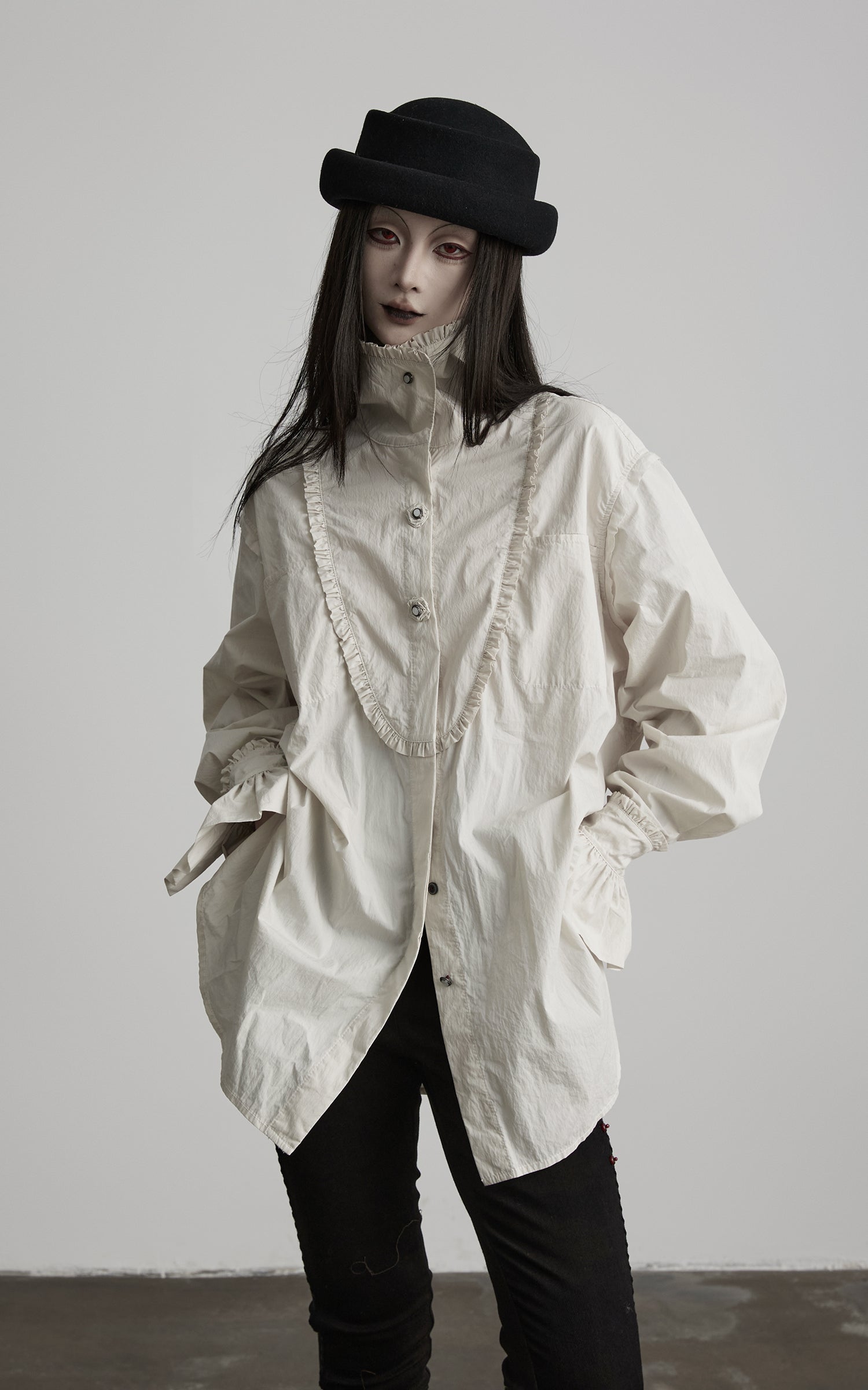 DOINDULGE Ruffled Stand Collar Flared Sleeve Shirt