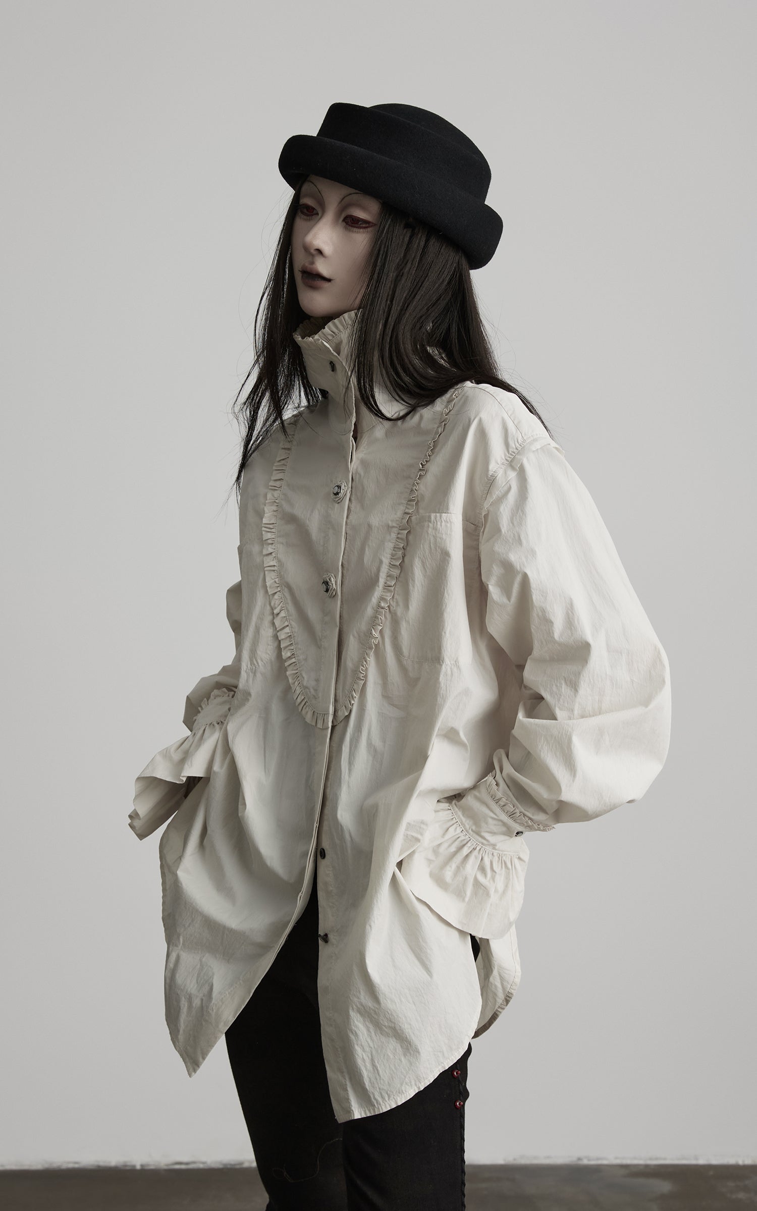DOINDULGE Ruffled Stand Collar Flared Sleeve Shirt
