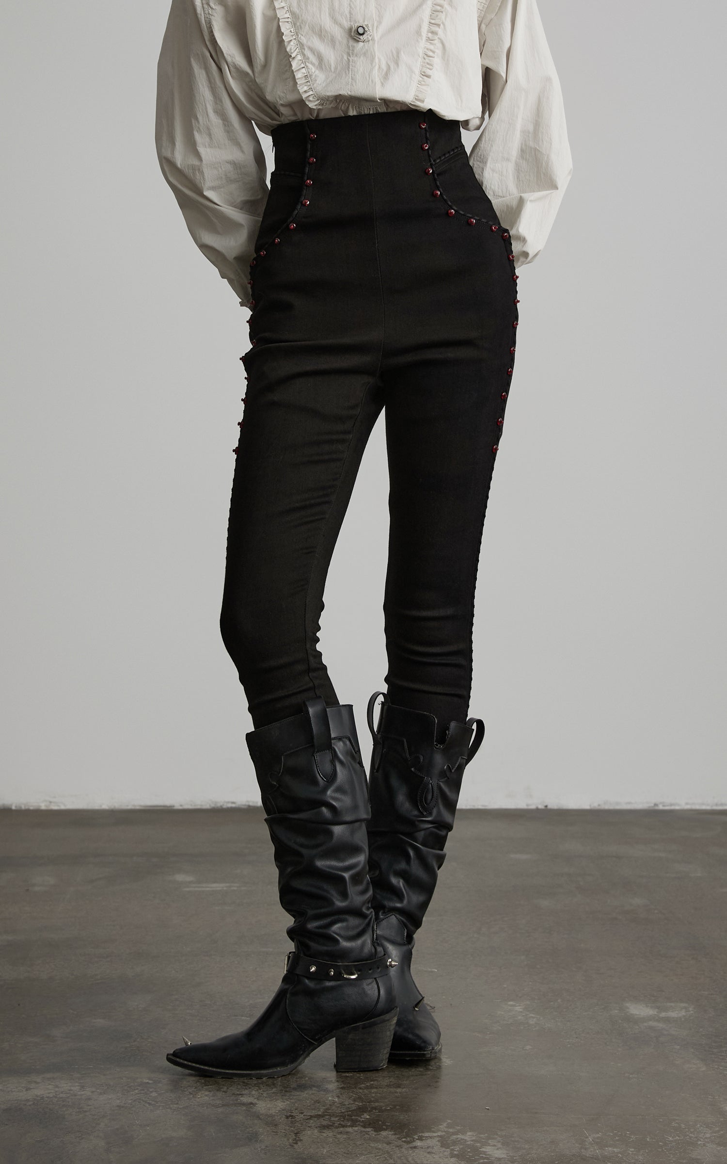 DOINDULGE High Waist Structured Studded Slim Denim Pants