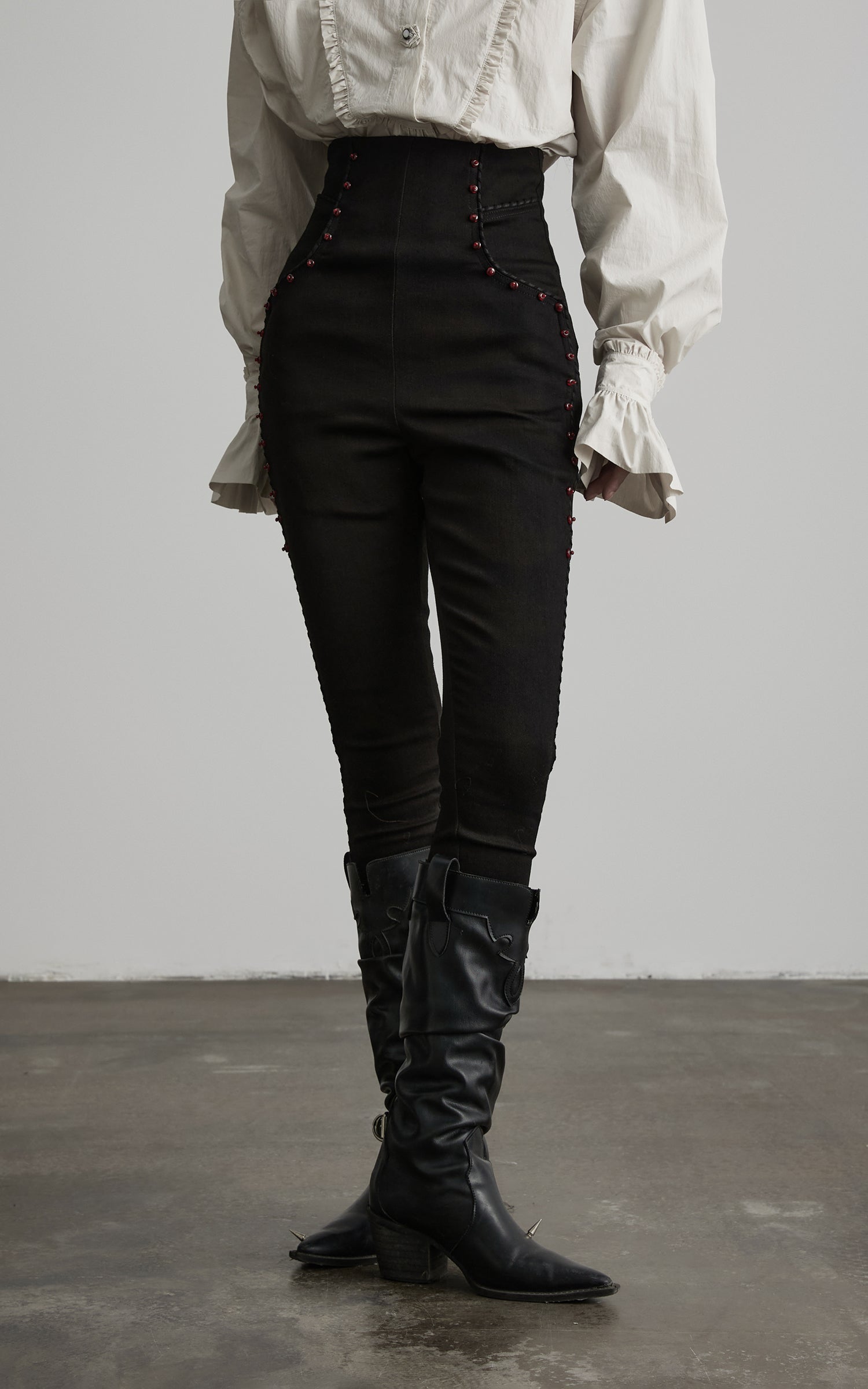 DOINDULGE High Waist Structured Studded Slim Denim Pants