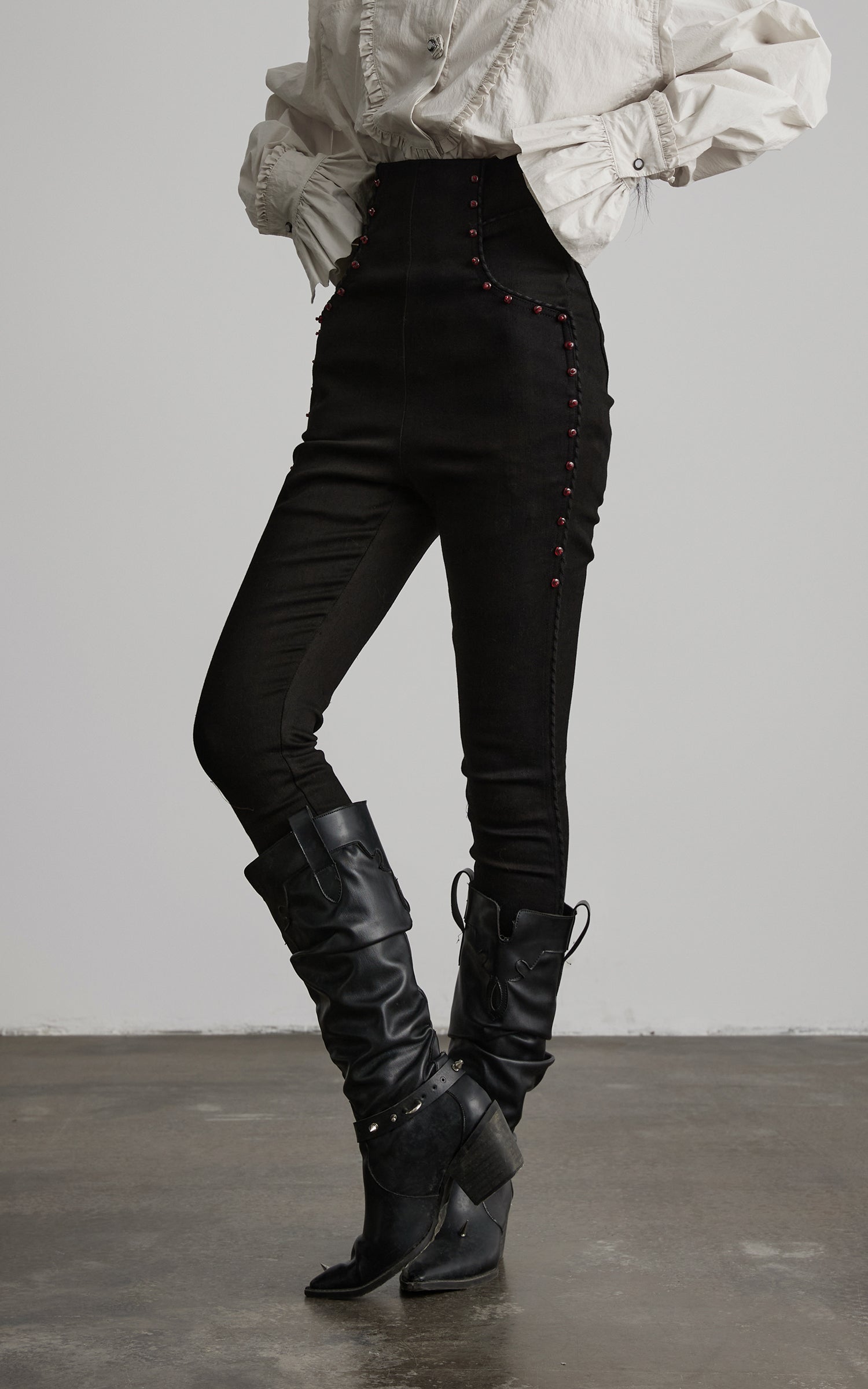 DOINDULGE High Waist Structured Studded Slim Denim Pants