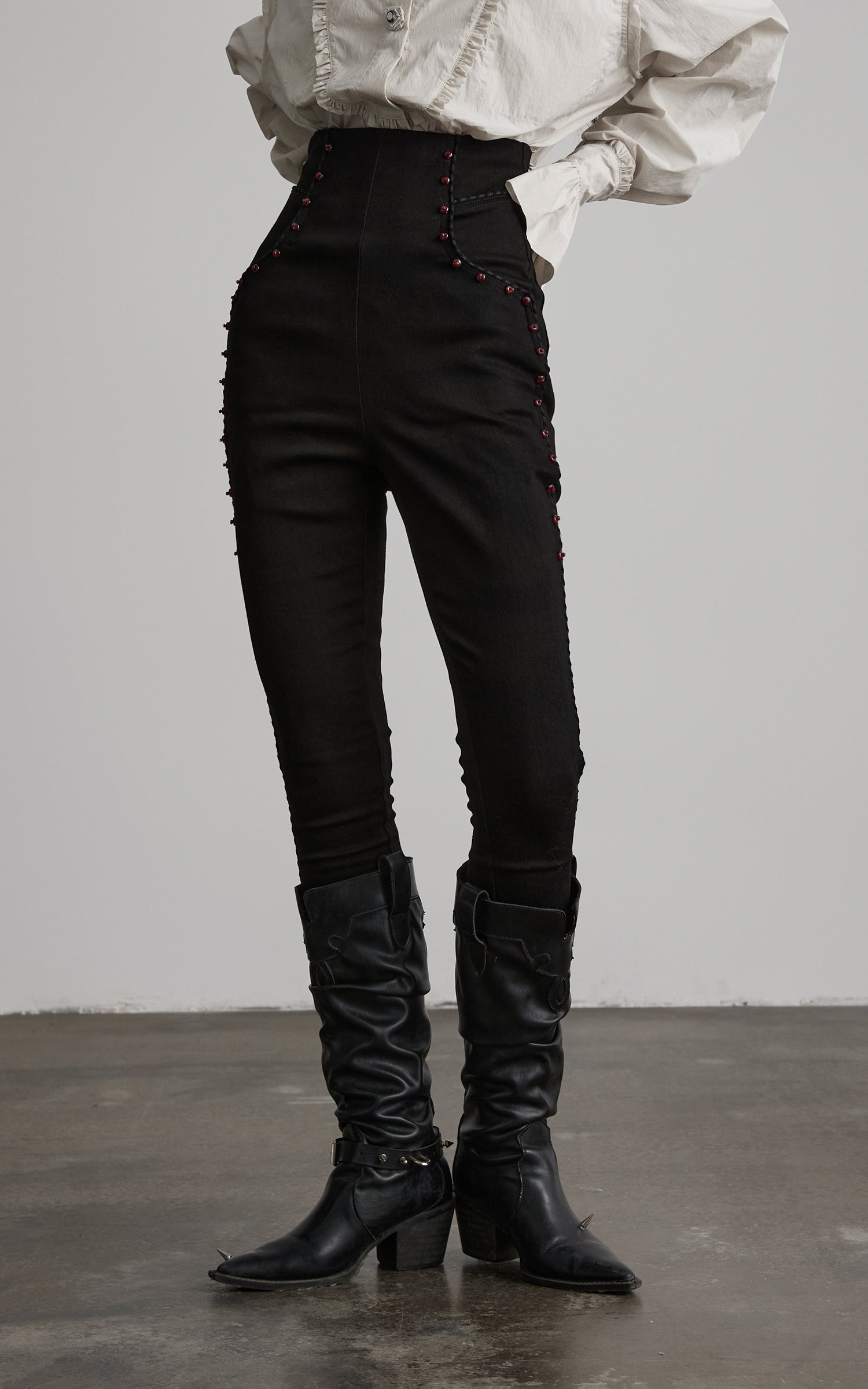 DOINDULGE High Waist Structured Studded Slim Denim Pants